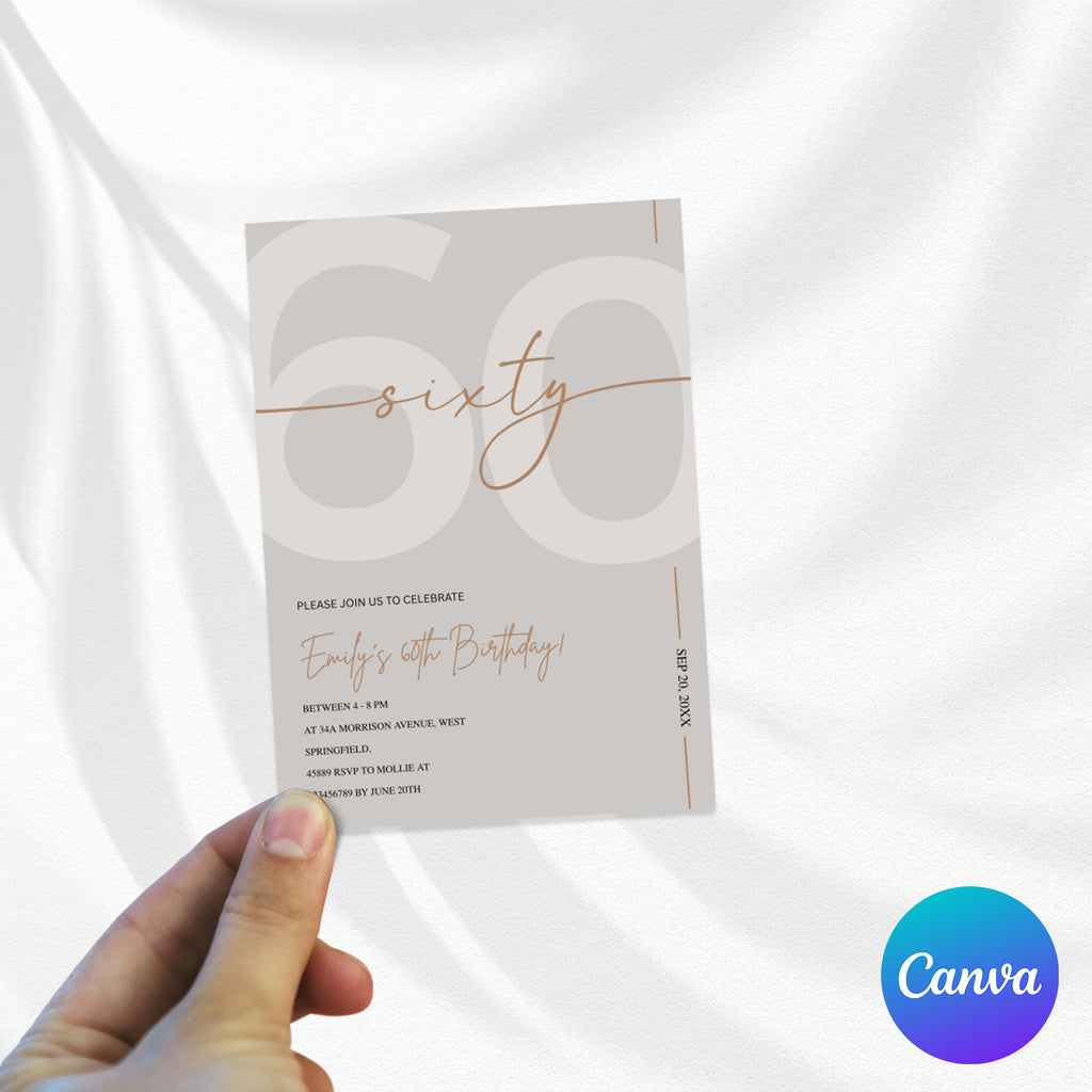 Modern Beige & Gold 60th Birthday Invitation – Editable Canva Template
