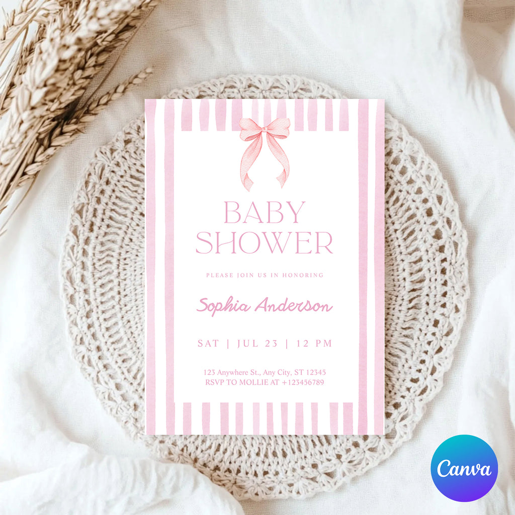 Editable Pink Striped Bow Baby Shower Invitation Template | Coquette Baby Shower Invite | Edit in Canva – Instant Download
