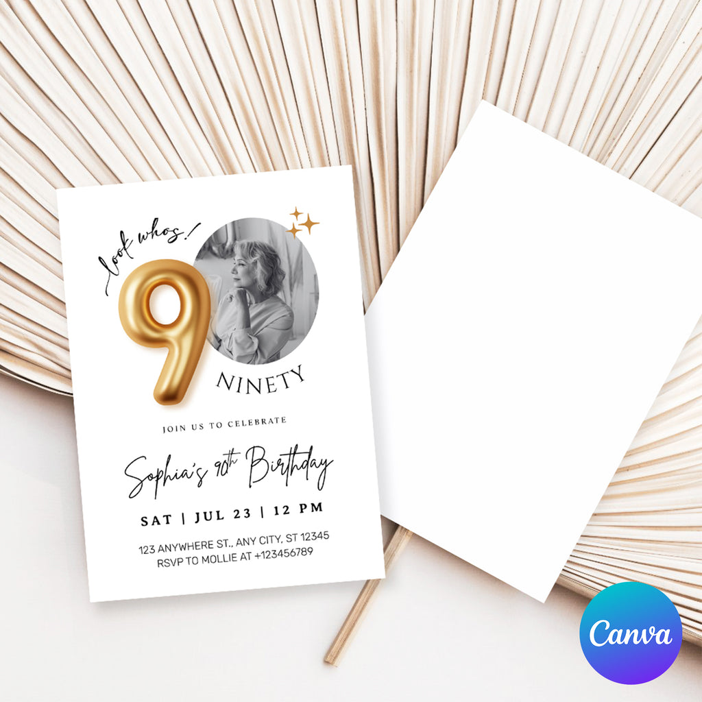 Modern Minimalist 90th Birthday Gold Balloon Photo Invitation Template | Elegant Milestone Party Invite | Editable & Instant Download