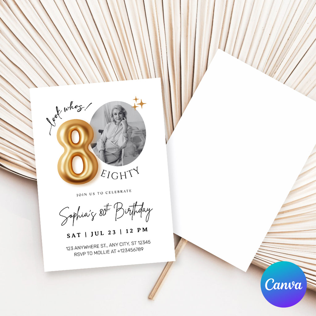 Modern Minimalist 80th Birthday Gold Balloon Photo Invitation Template | Elegant Milestone Party Invite | Editable & Instant Download