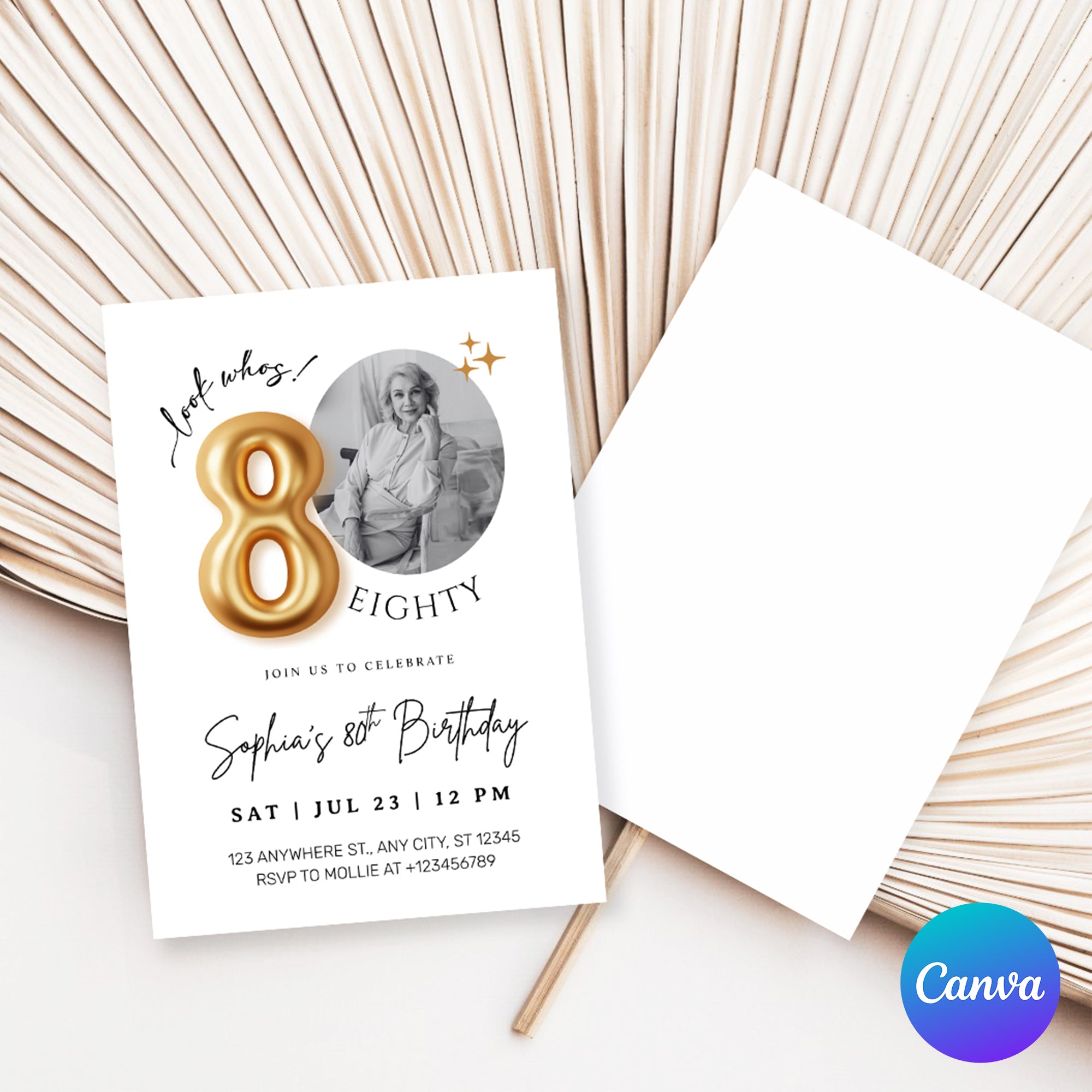 Modern Minimalist 80th Birthday Gold Balloon Photo Invitation Template | Elegant Milestone Party Invite | Editable & Instant Download