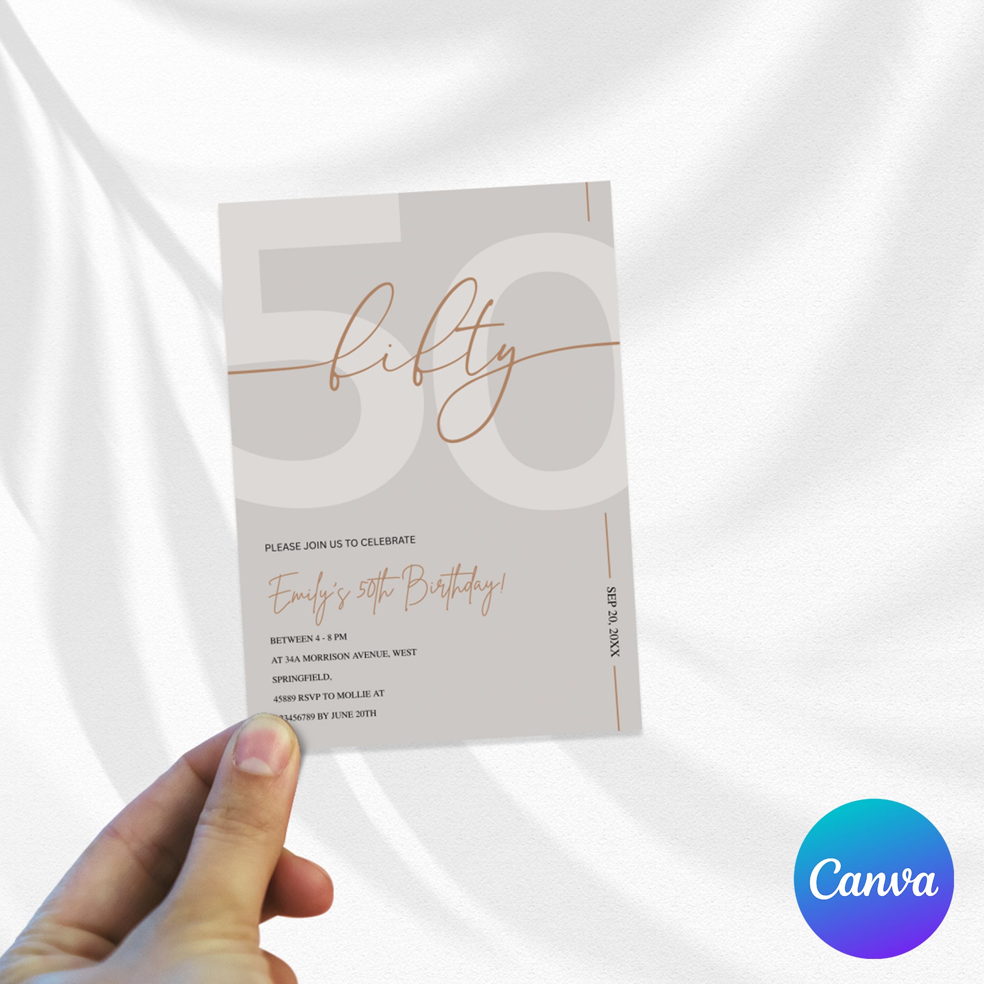 Modern Beige & Gold 50th Birthday Invitation – Editable Canva Template
