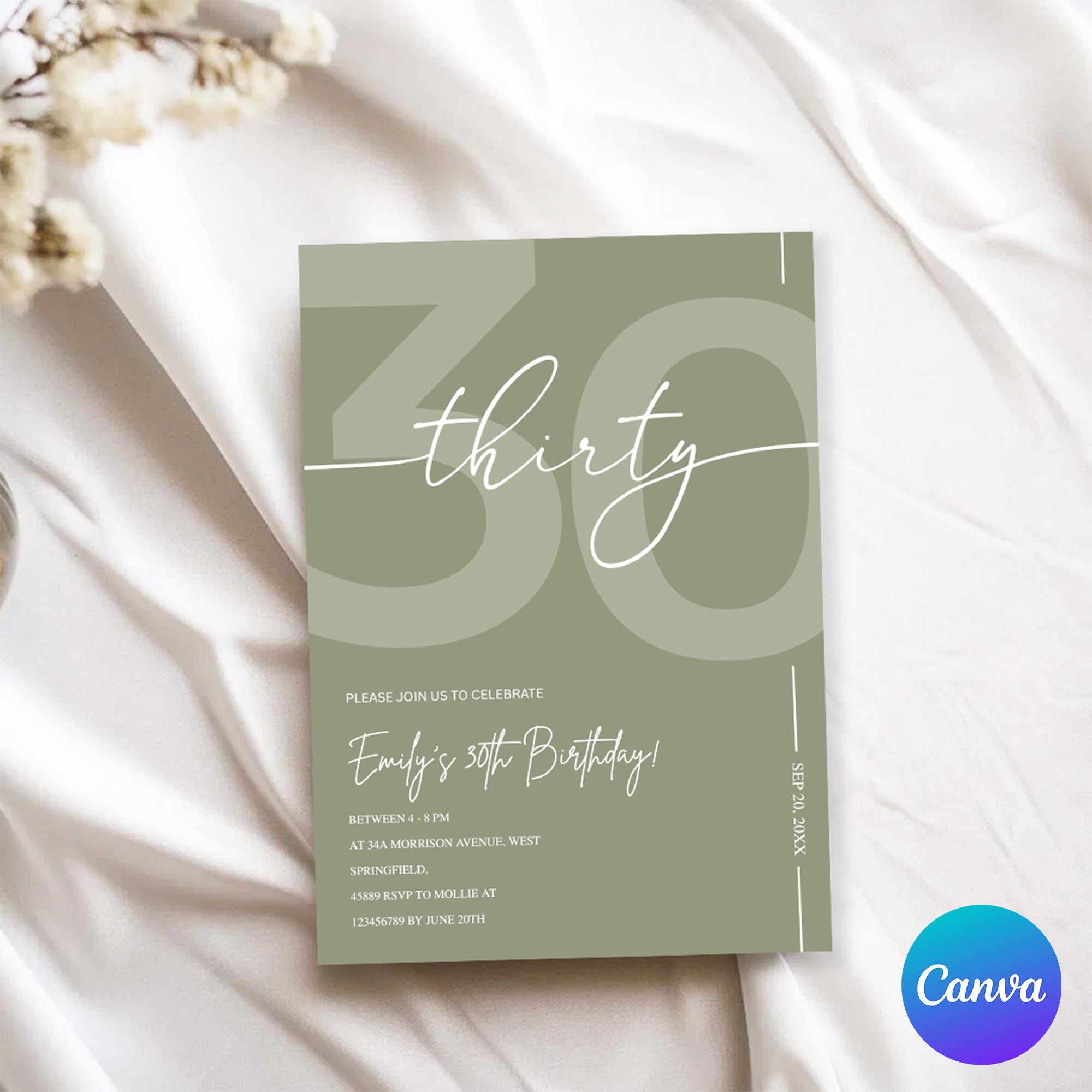 Elegant Sage Green 30th Birthday Invitation Template | Minimalist Thirty Milestone Party Invite | Editable & Instant Download