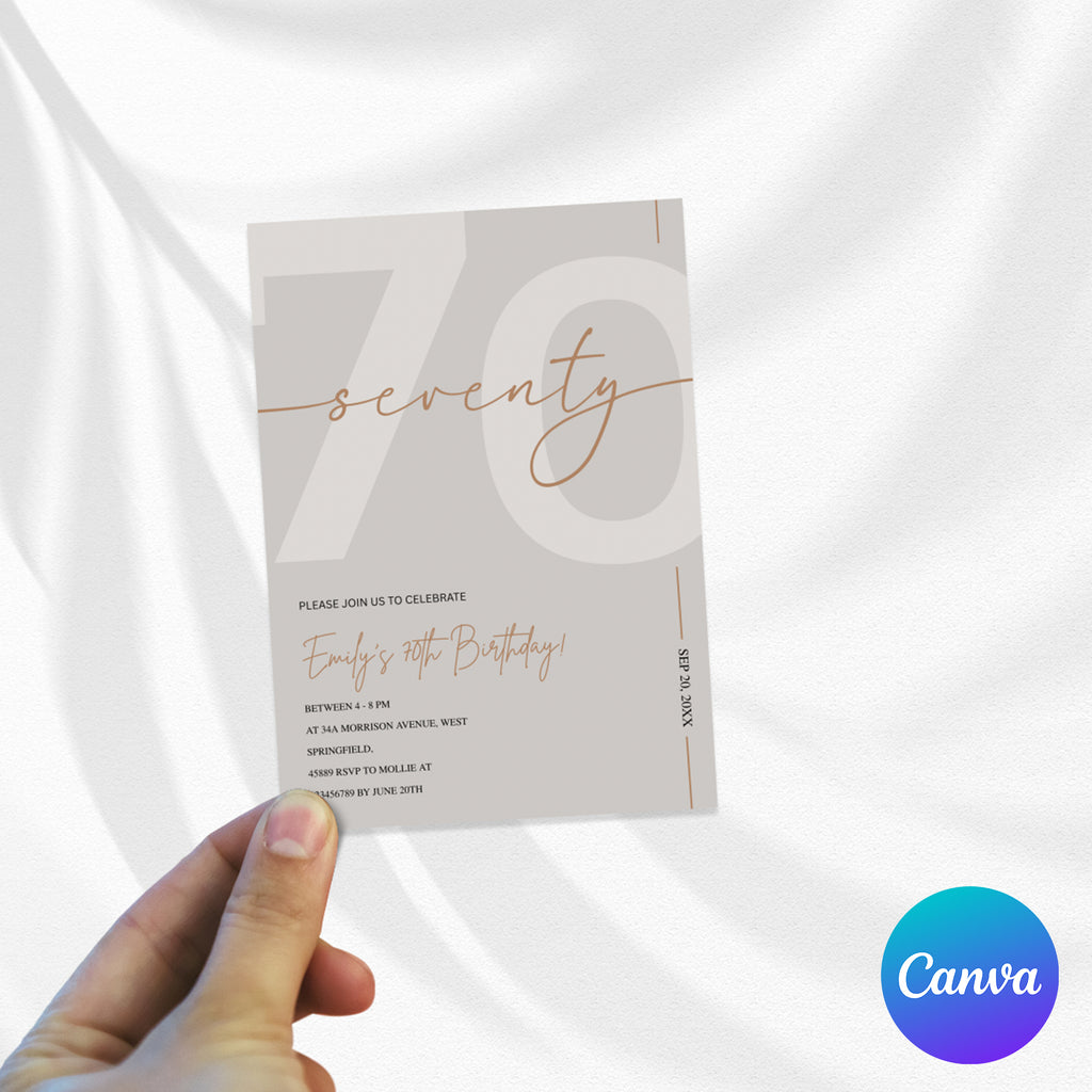 Modern Beige & Gold 70th Birthday Invitation – Editable Canva Template