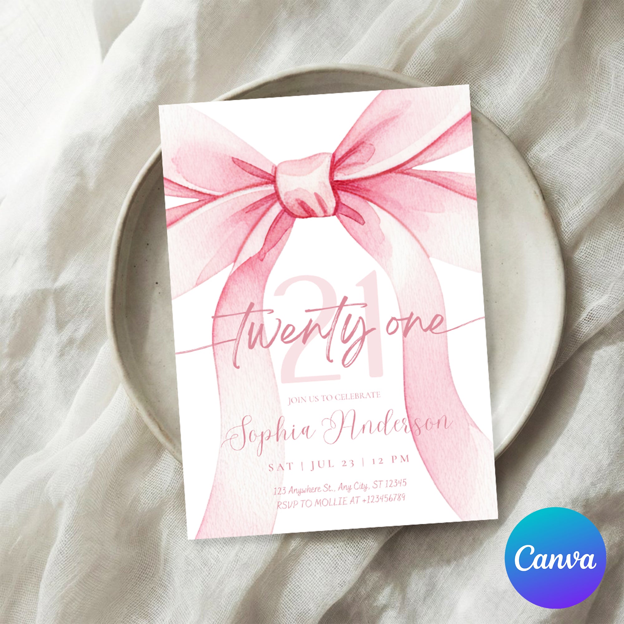 Blush Pink Bow 21 Invitation Template | Editable 21st Birthday Party Invite | Canva Instant Download