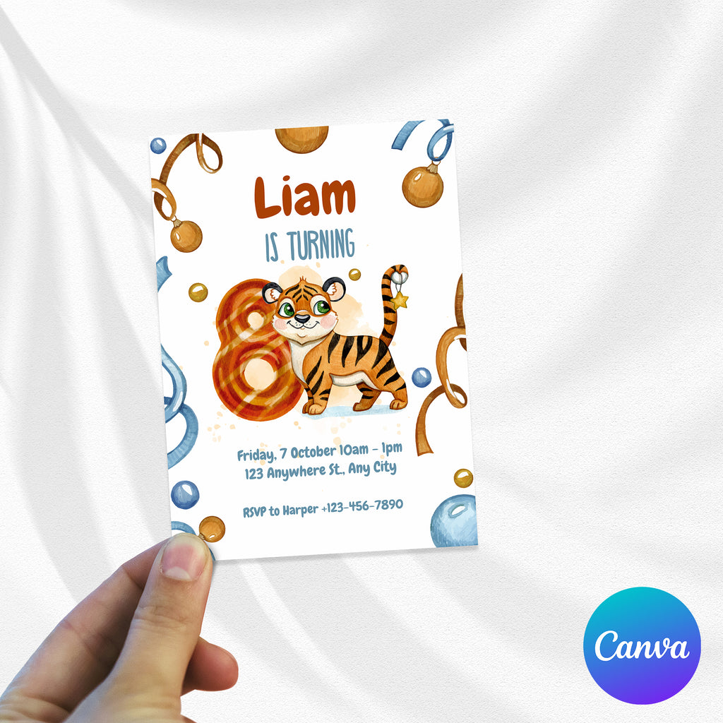 Wild & Cute Tiger 8th Birthday Invitation – Editable Canva Template
