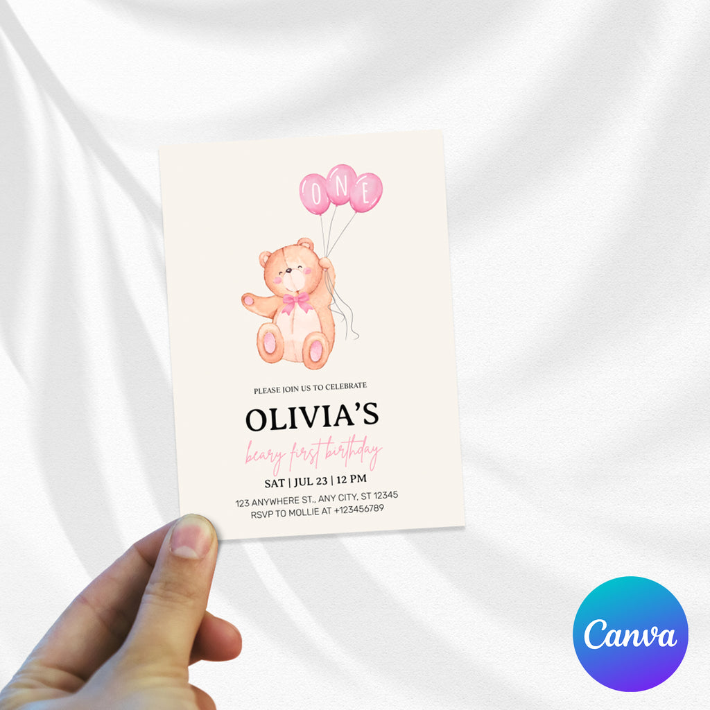 Beary First Pink Balloon 1st Birthday Teddy Invitation – Editable Canva Template