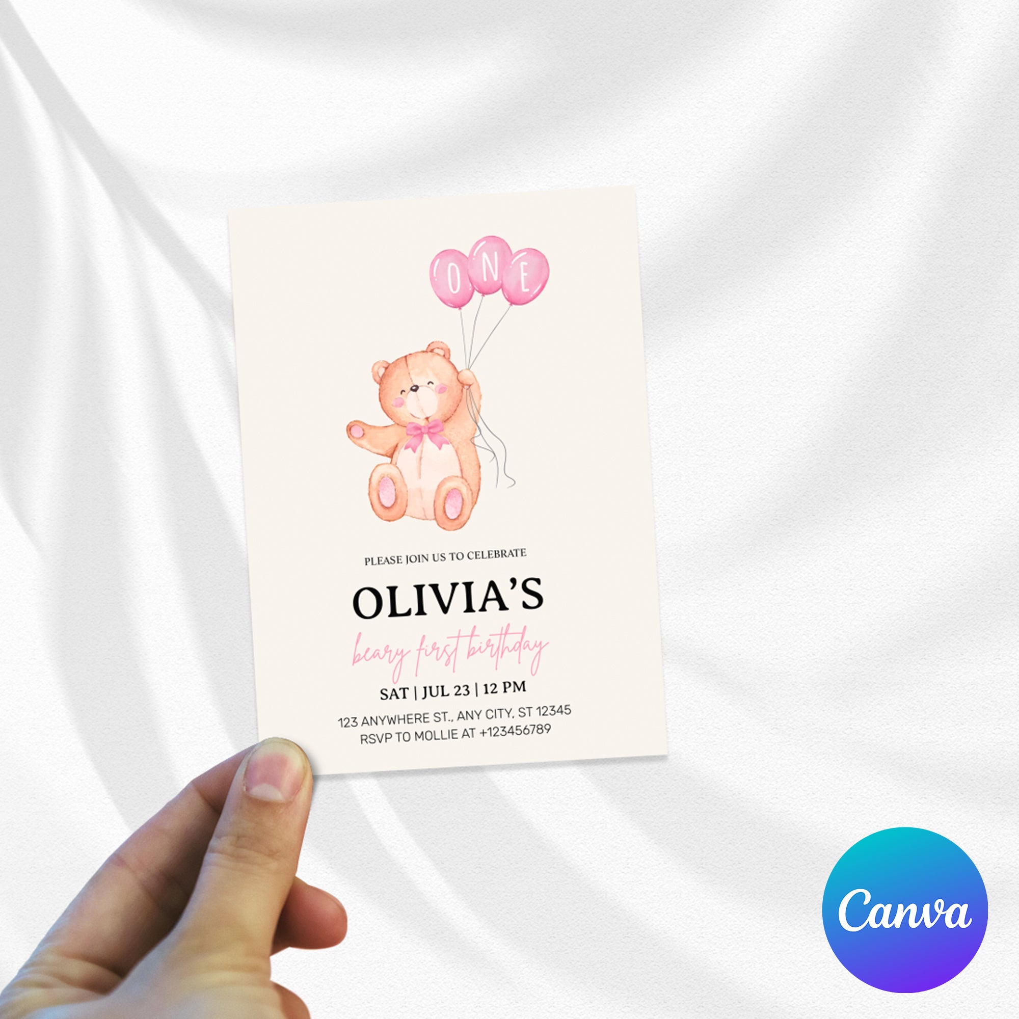 Beary First Pink Balloon 1st Birthday Teddy Invitation – Editable Canva Template