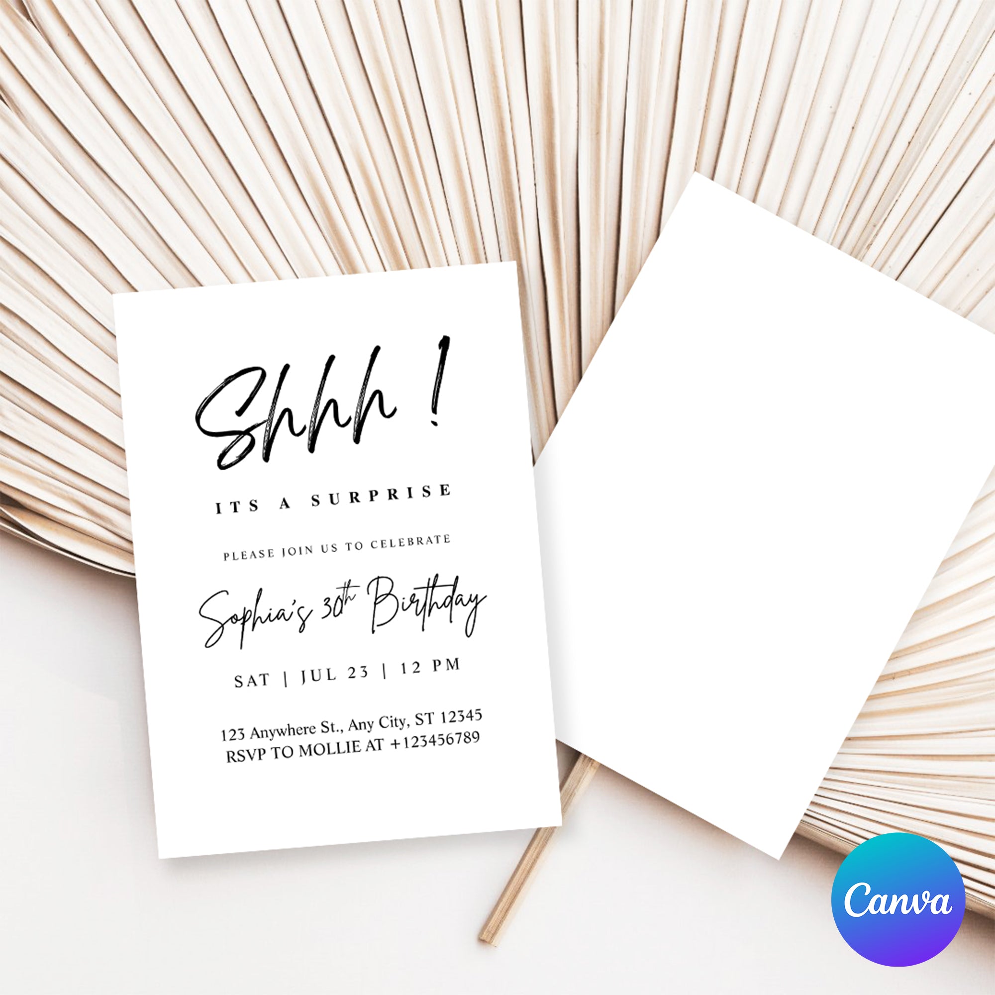 Elegant Black Calligraphy Surprise Party Invitation – Editable Canva Template