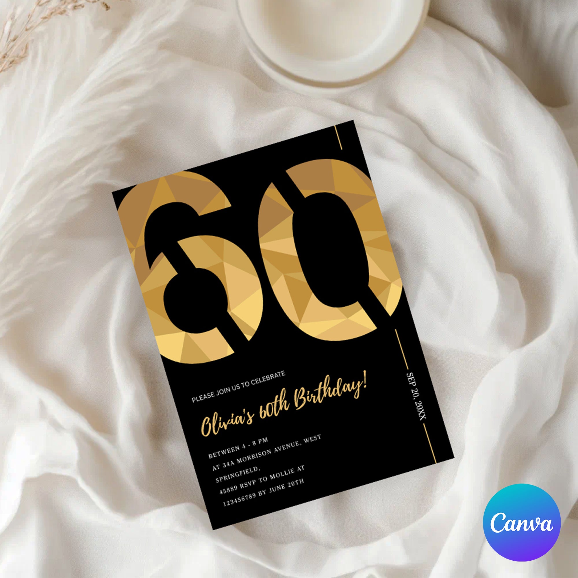 Elegant Black & Gold 60th Birthday Invitation Template | Editable Birthday Party Invite | Instant Download Canva