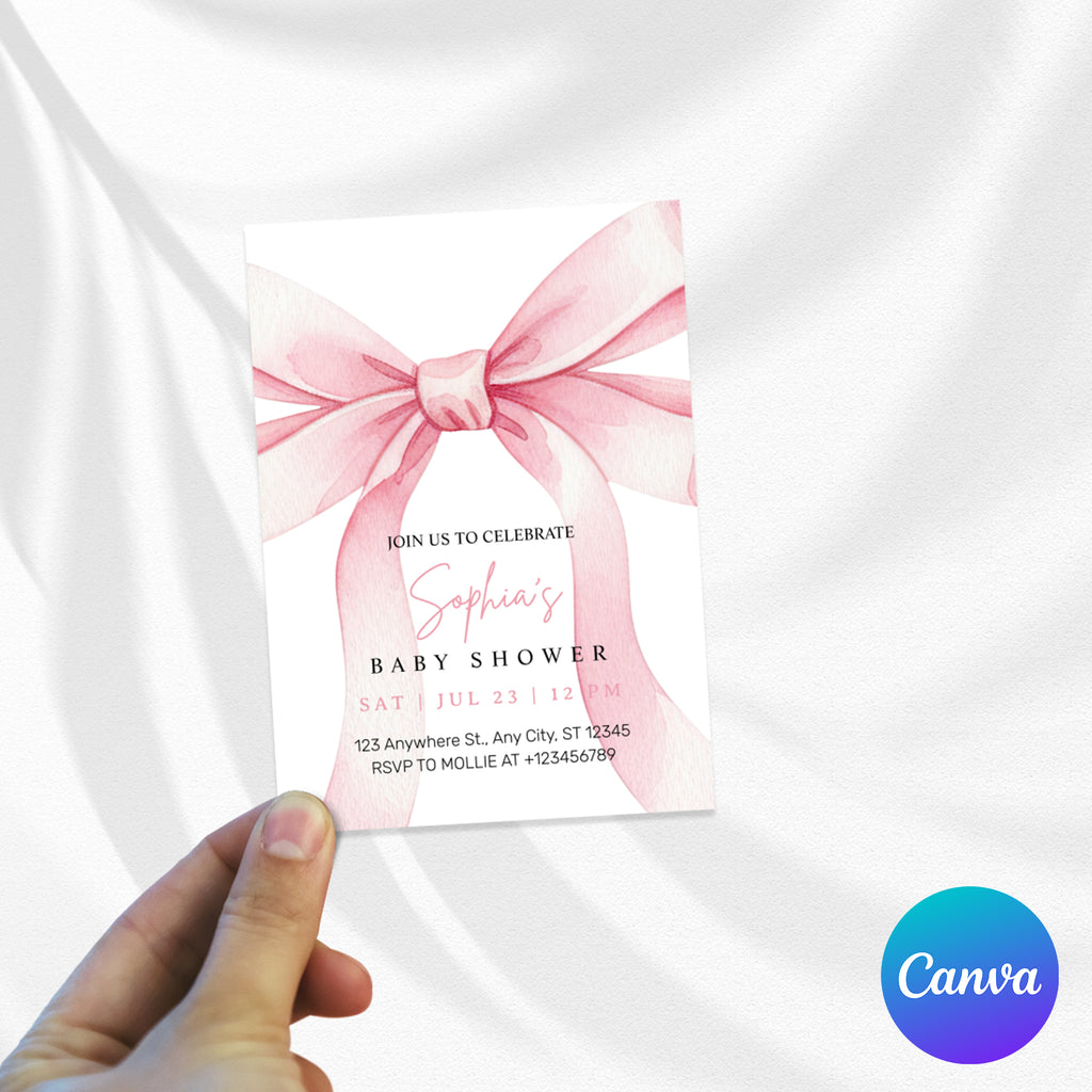 Elegant Pink Bow Girl Baby Shower Invitation – Editable Canva Template