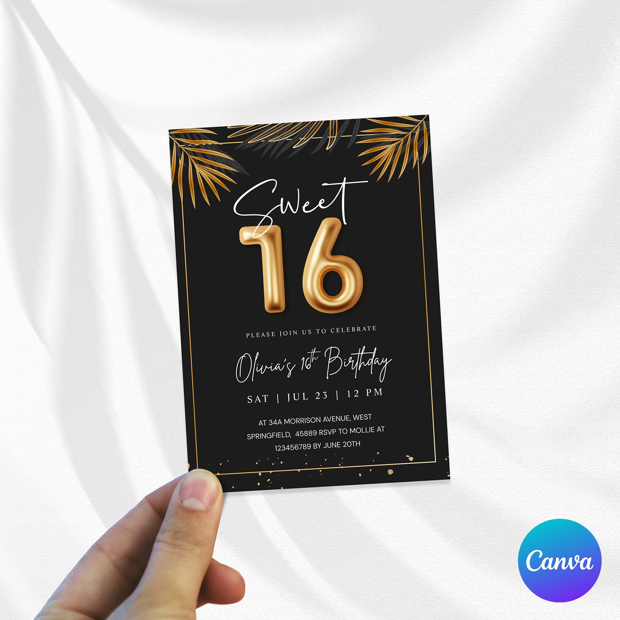 Sweet 16 Tropical Gold Invitation Template | Editable Sixteenth Birthday Invite | Golden Leaves Canva Instant Download
