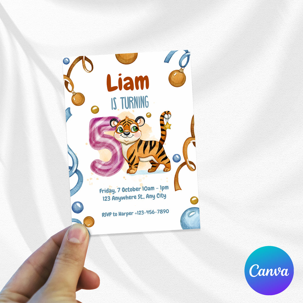 Wild & Cute Tiger 5th Birthday Invitation – Editable Canva Template