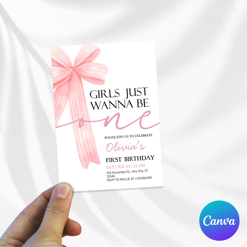 Girls Just Wanna Be One Pink Bow 1st Birthday Invitation – Editable Canva Template