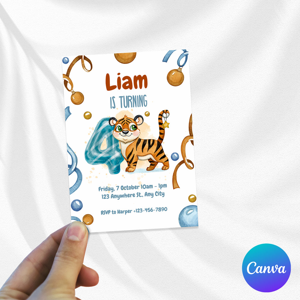 Wild & Cute Tiger 4th Birthday Invitation – Editable Canva Template