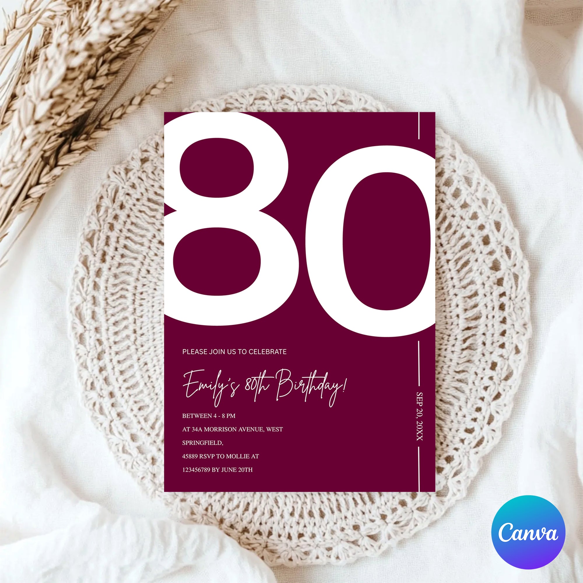 Elegant Burgundy 80th Birthday Invitation Template | Chic Eighty Milestone Party Invite | Editable & Instant Download