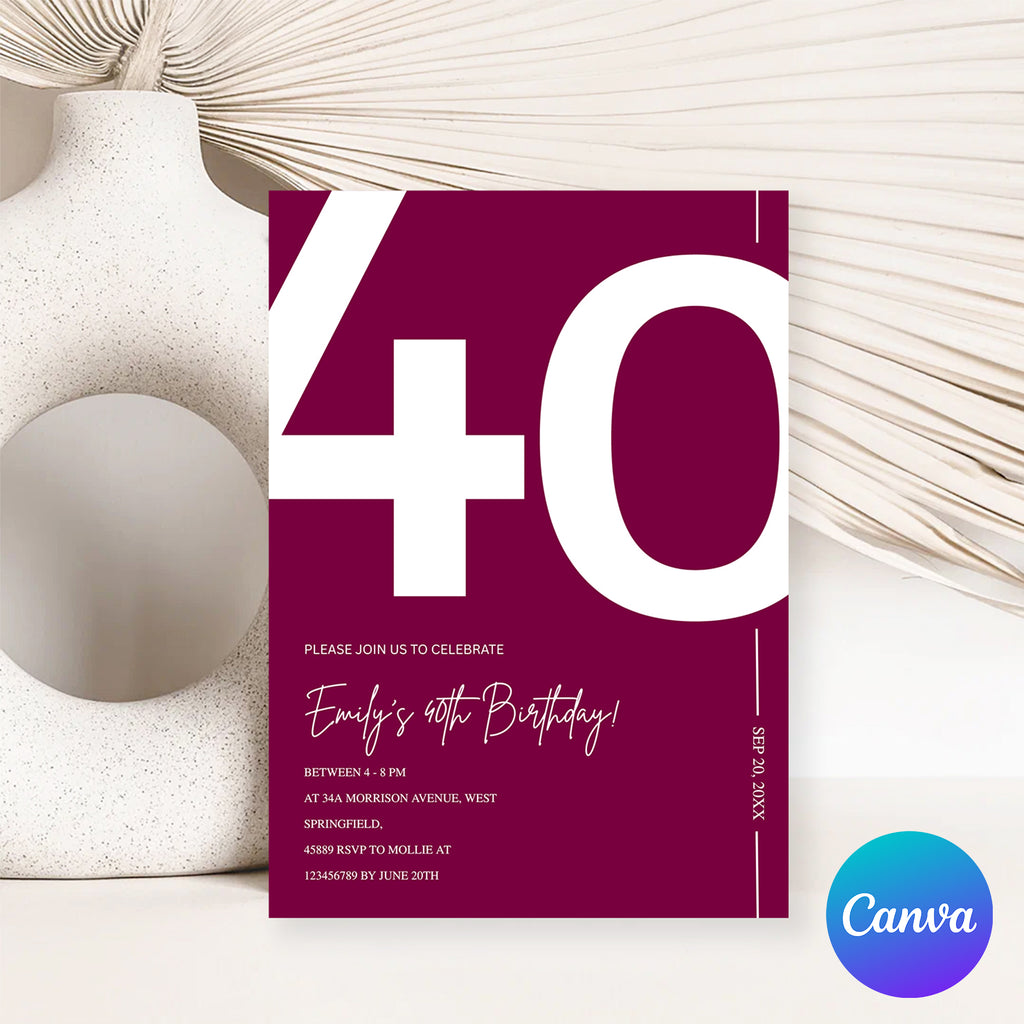 Elegant Burgundy 40th Birthday Invitation Template | Chic Forty Milestone Party Invite | Editable & Instant Download
