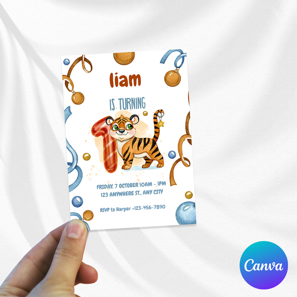 Wild & Cute Tiger 1st Birthday Invitation – Editable Canva Template