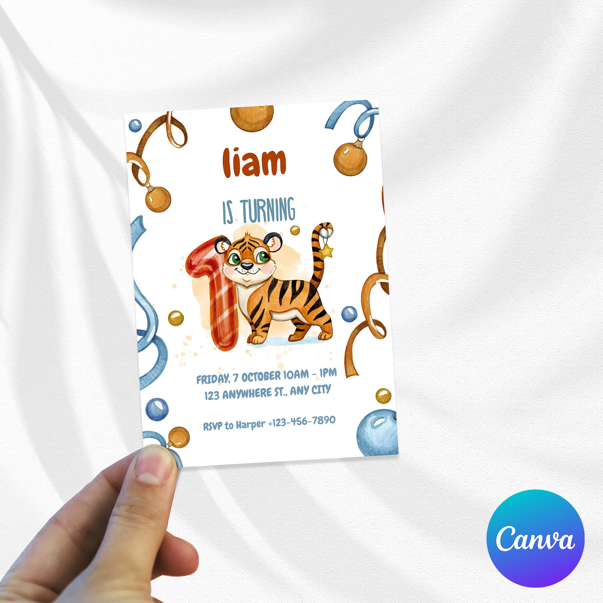 Wild & Cute Tiger 1st Birthday Invitation – Editable Canva Template
