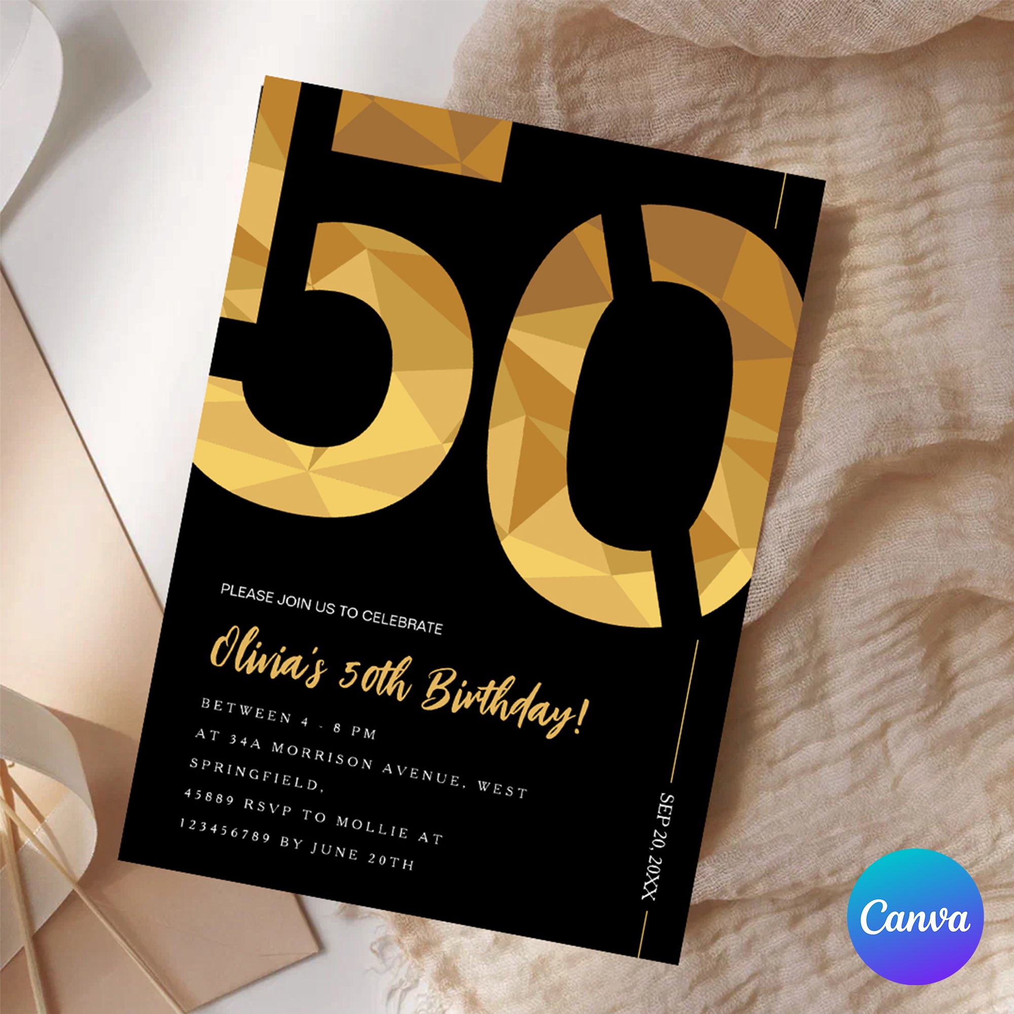 Elegant Black & Gold 50th Birthday Invitation Template | Editable Birthday Party Invite | Instant Download Canva