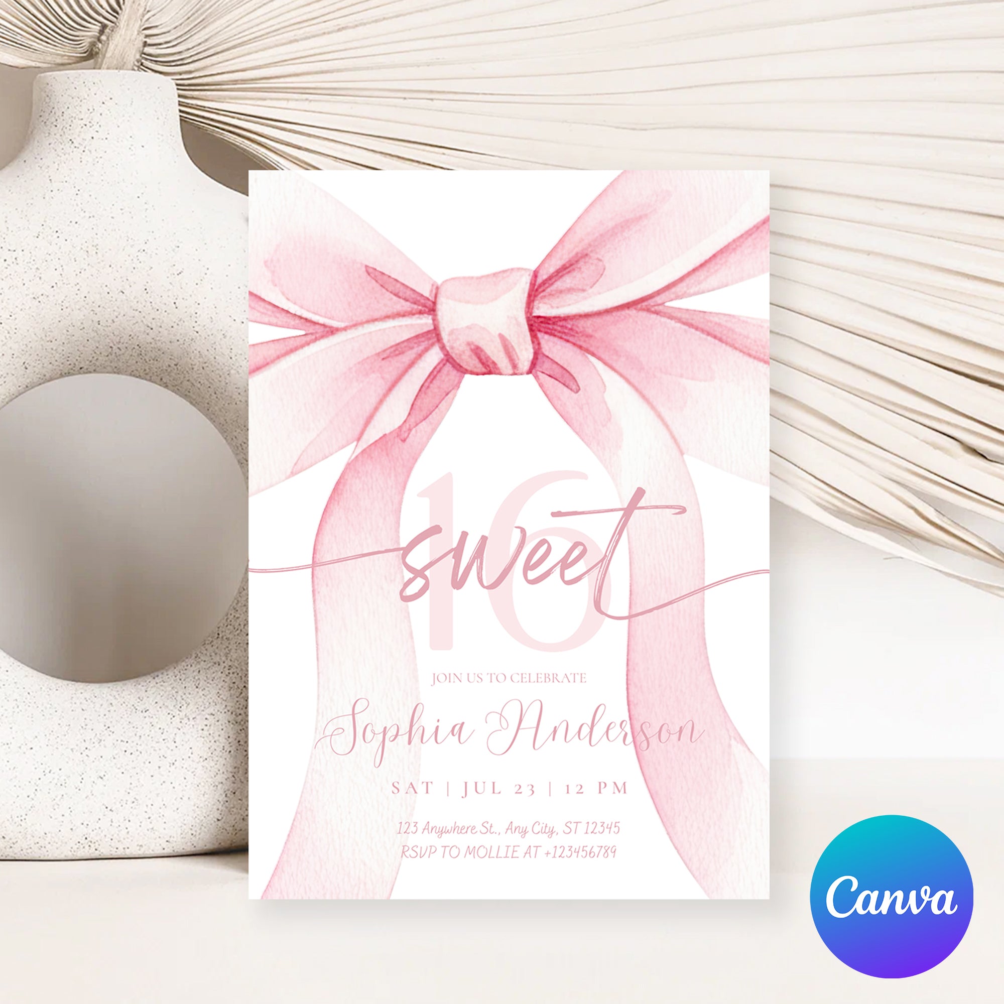 Blush Pink Bow Sweet 16 Invitation Template | Editable 16th Birthday Party Invite | Canva Instant Download