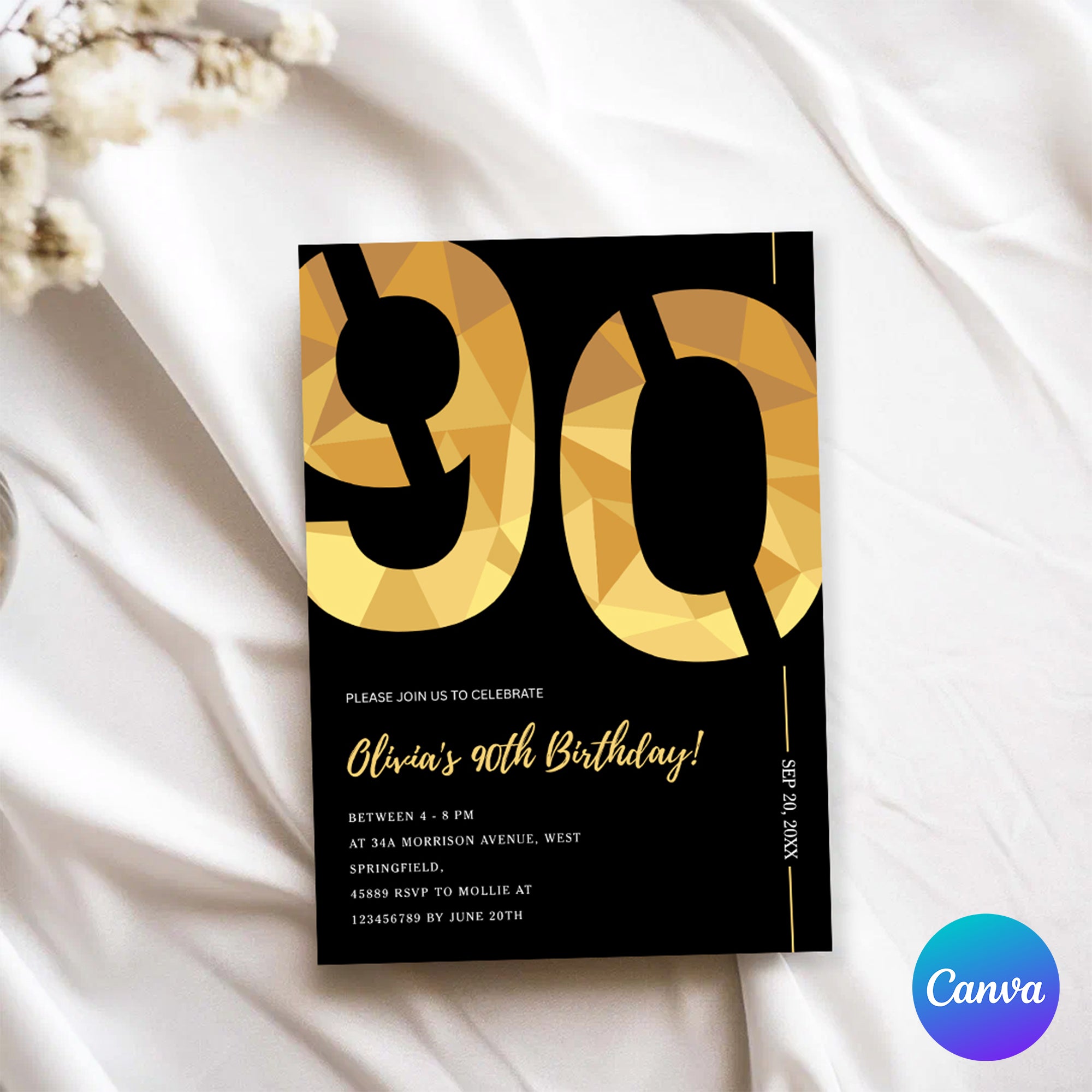 Elegant Black & Gold 90th Birthday Invitation Template | Editable Birthday Party Invite | Instant Download Canva