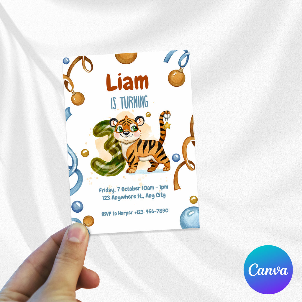 Wild & Cute Tiger 3rd Birthday Invitation – Editable Canva Template