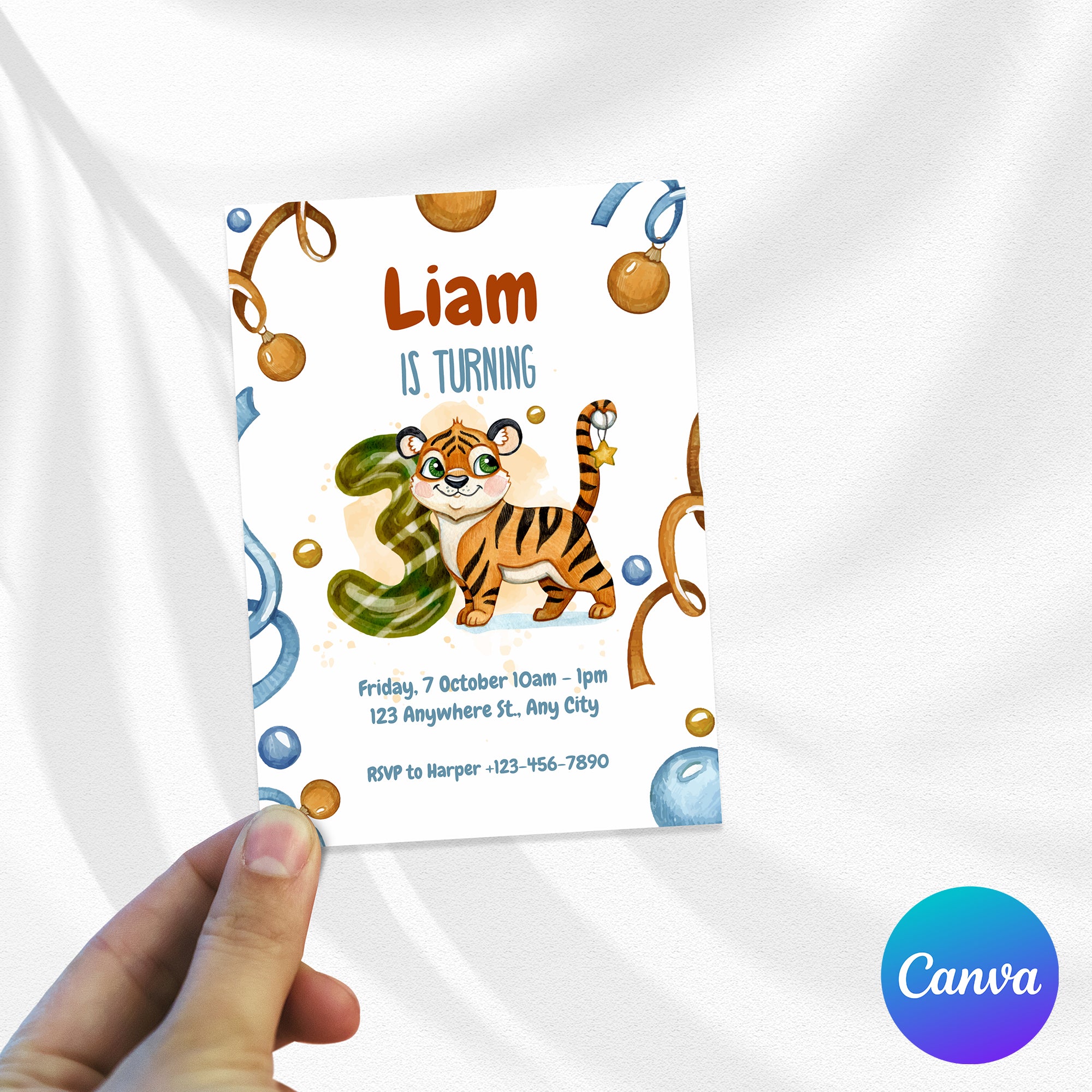 Wild & Cute Tiger 3rd Birthday Invitation – Editable Canva Template