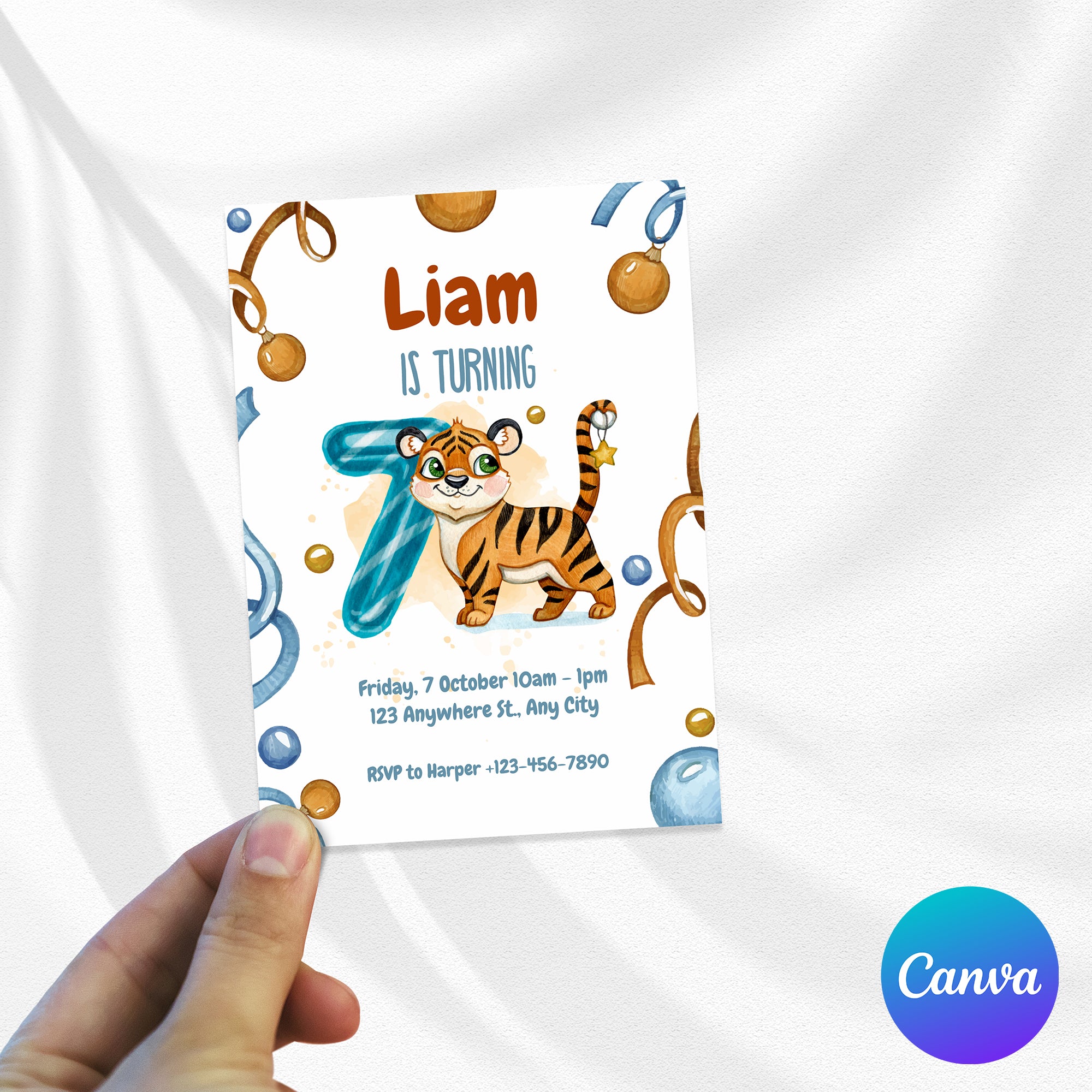 Wild & Cute Tiger 7th Birthday Invitation – Editable Canva Template