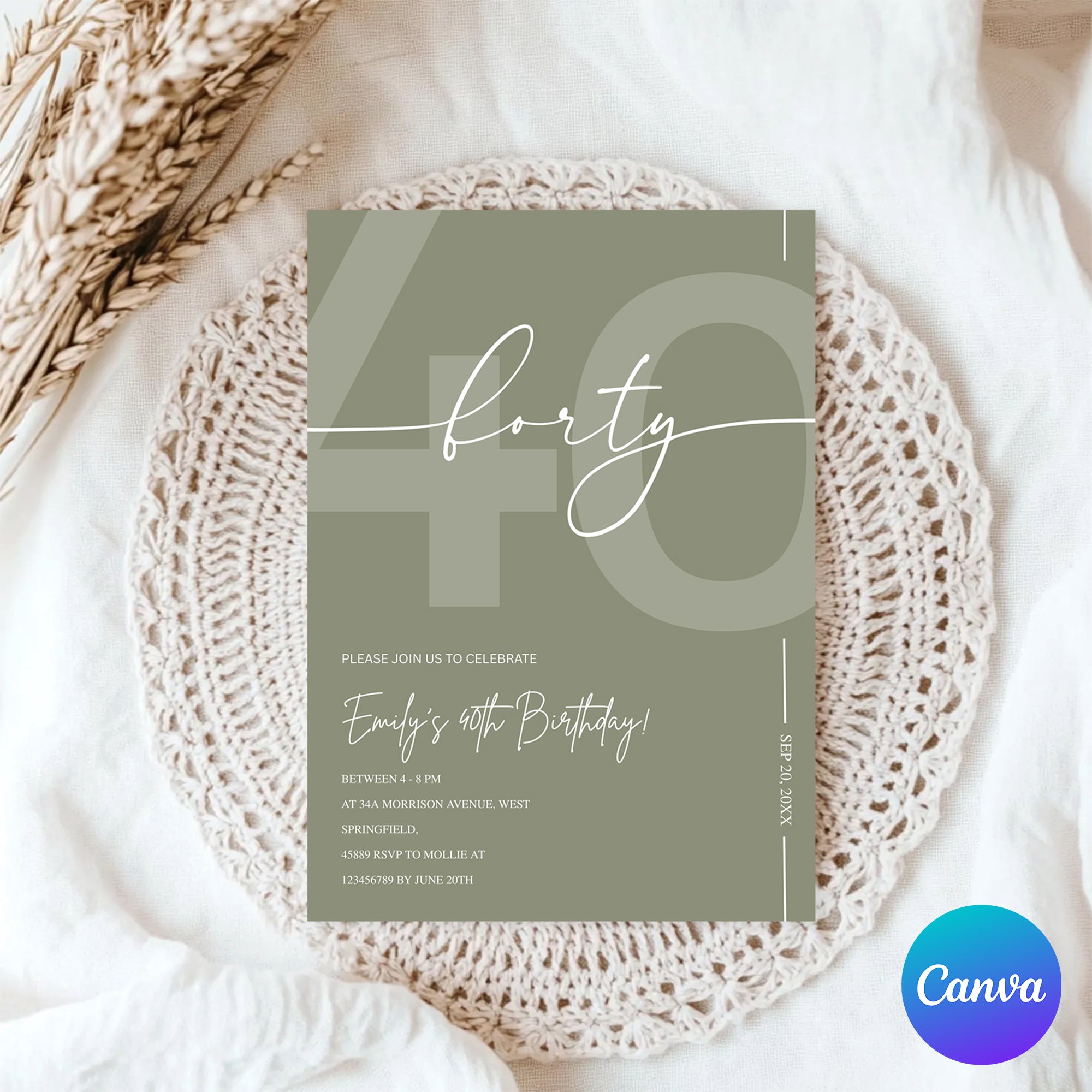 Elegant Sage Green 40th Birthday Invitation Template | Minimalist Forty Milestone Party Invite | Editable & Instant Download