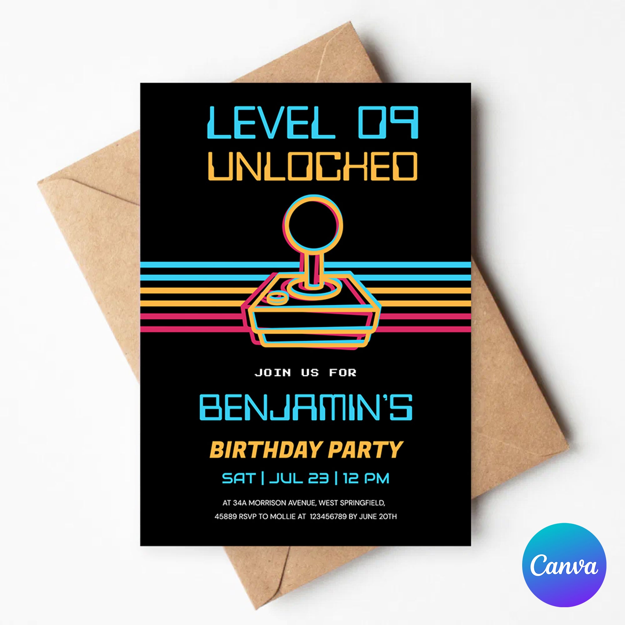 Retro Gamer Birthday Invitation Template | Video Game Party Invite for Boys | Editable Canva Instant Download
