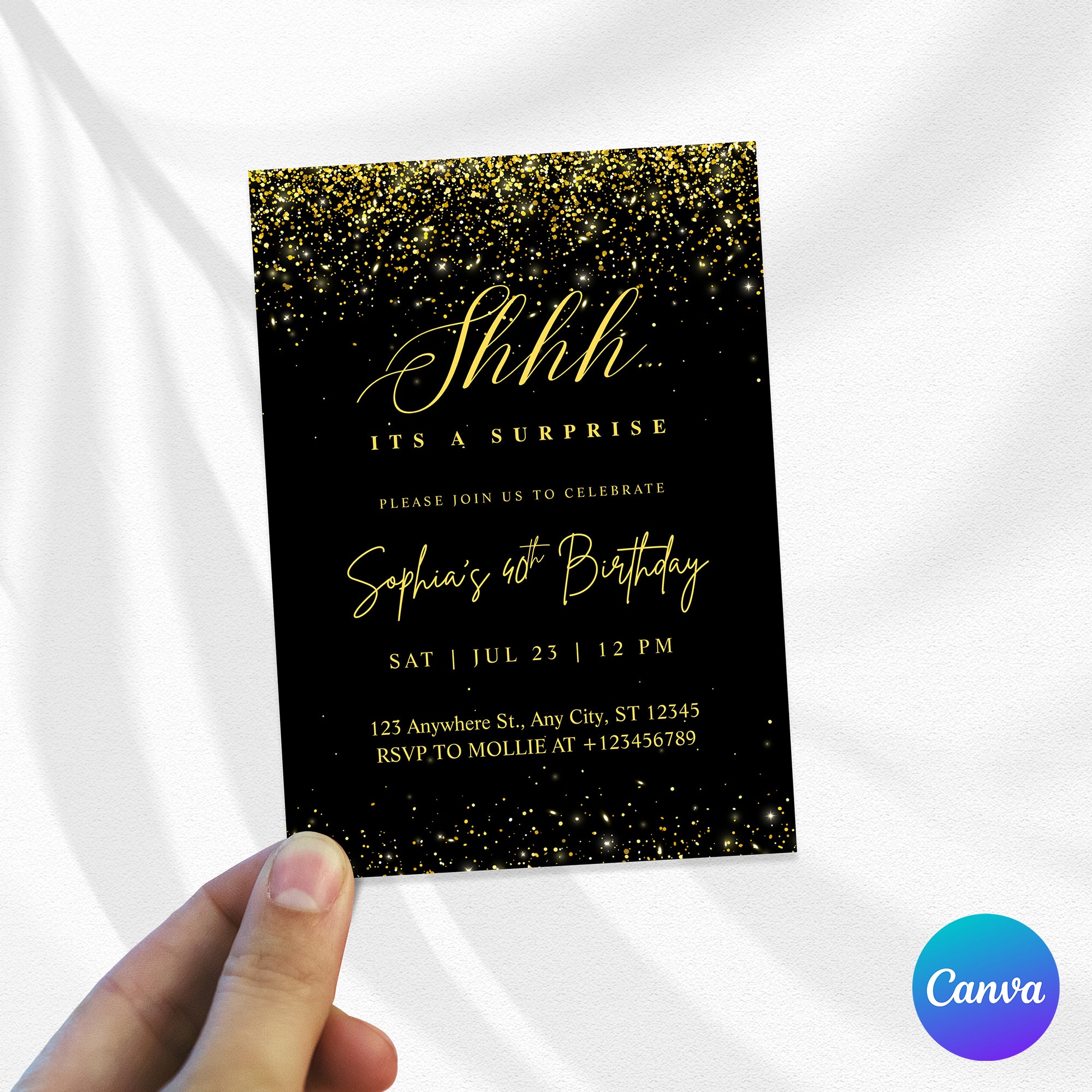 Elegant Black & Gold Surprise Birthday Invitation – Editable Canva Template