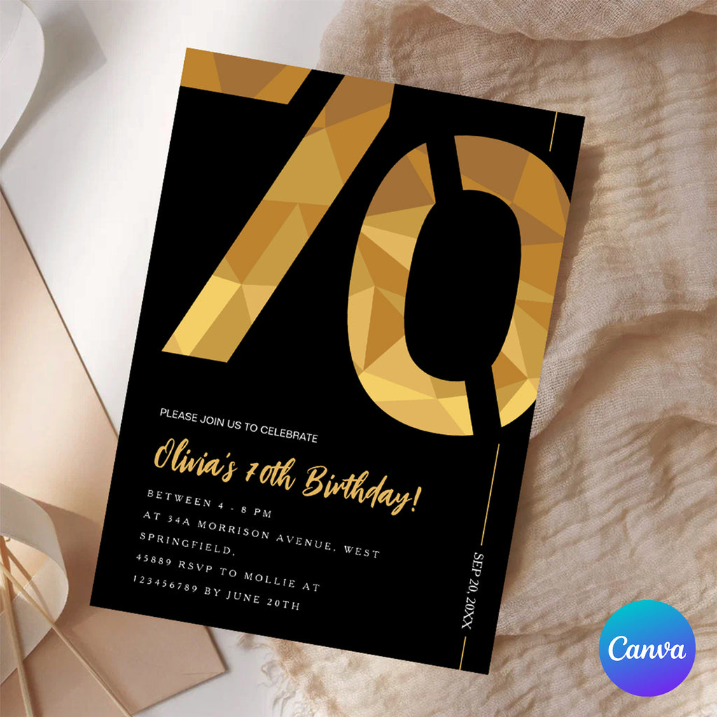 Elegant Black & Gold 70th Birthday Invitation Template | Editable Birthday Party Invite | Instant Download Canva