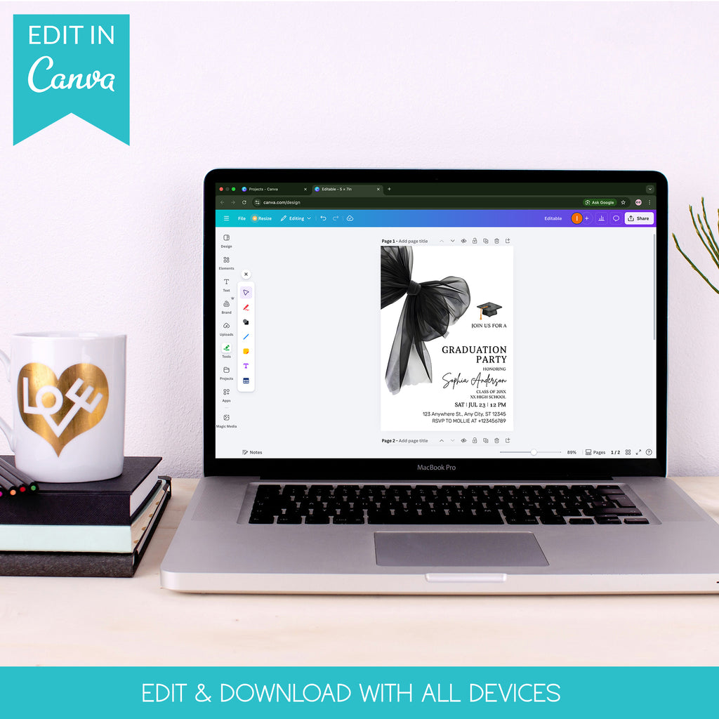 Elegant Black Bow Graduation Party Invitation – Editable Canva Template