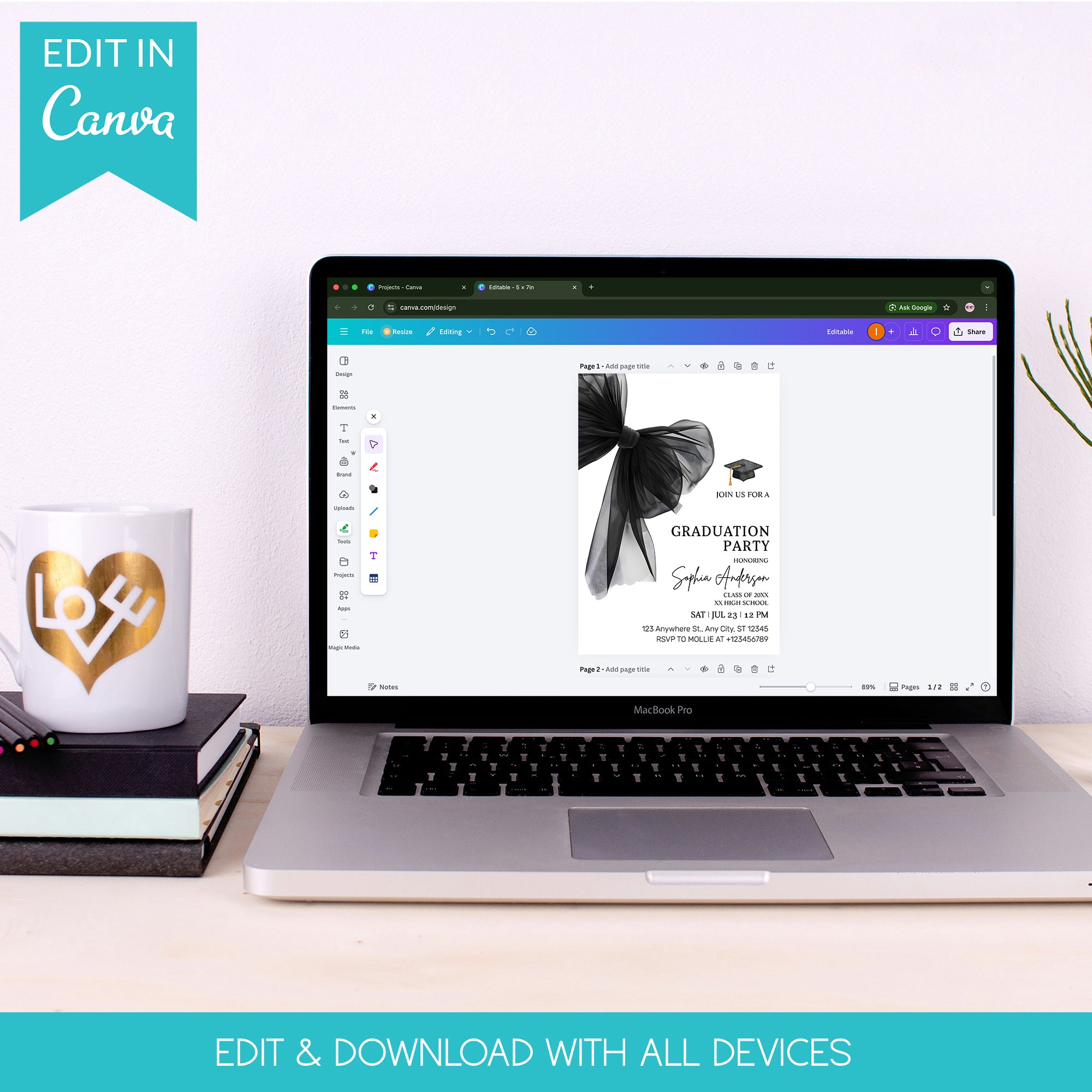 Elegant Black Bow Graduation Party Invitation – Editable Canva Template