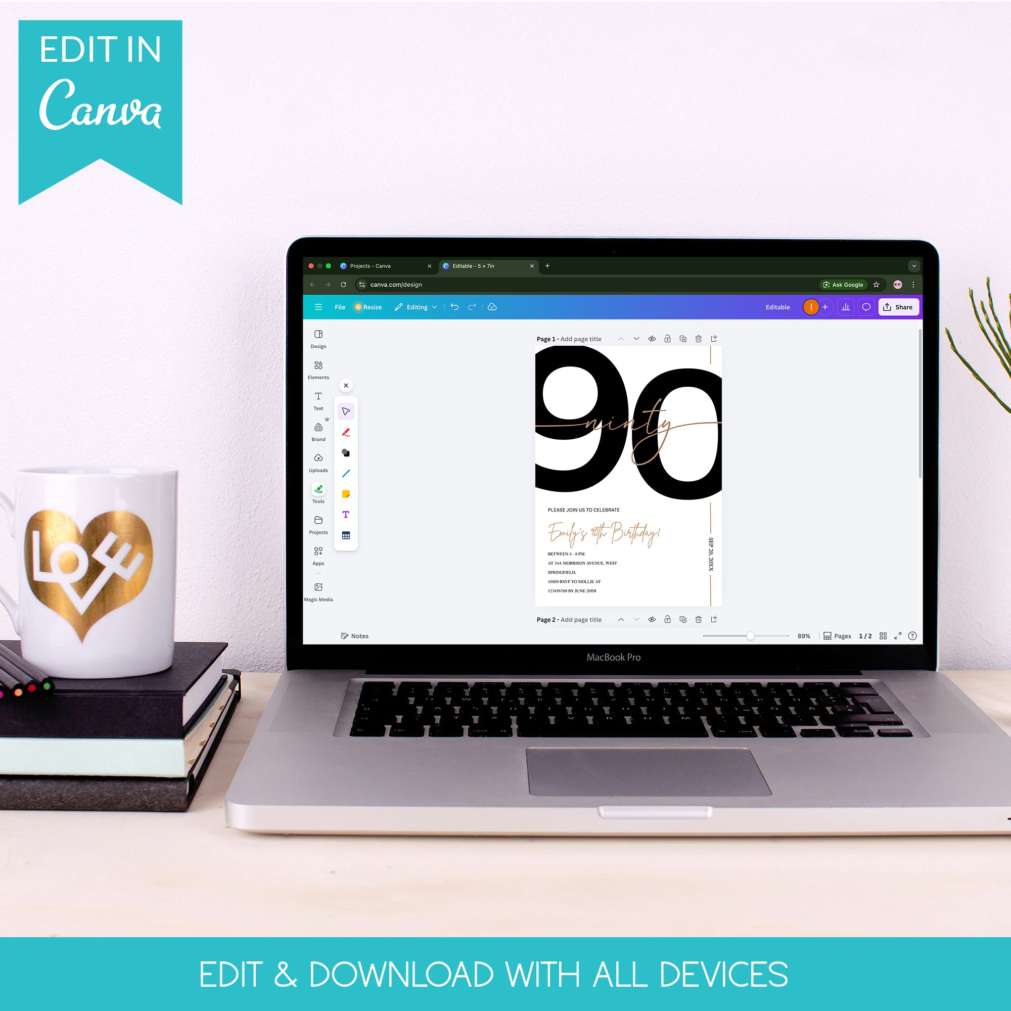 Modern Minimalist White & Gold 90th Birthday Party Invitation – Editable Canva Template