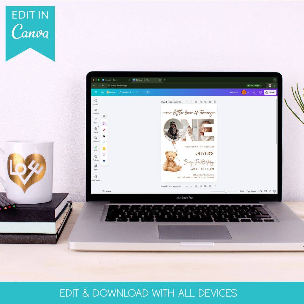 Editable Beary First Birthday Photo Invitation | Teddy Bear 1st Birthday Canva Template – Instant Download