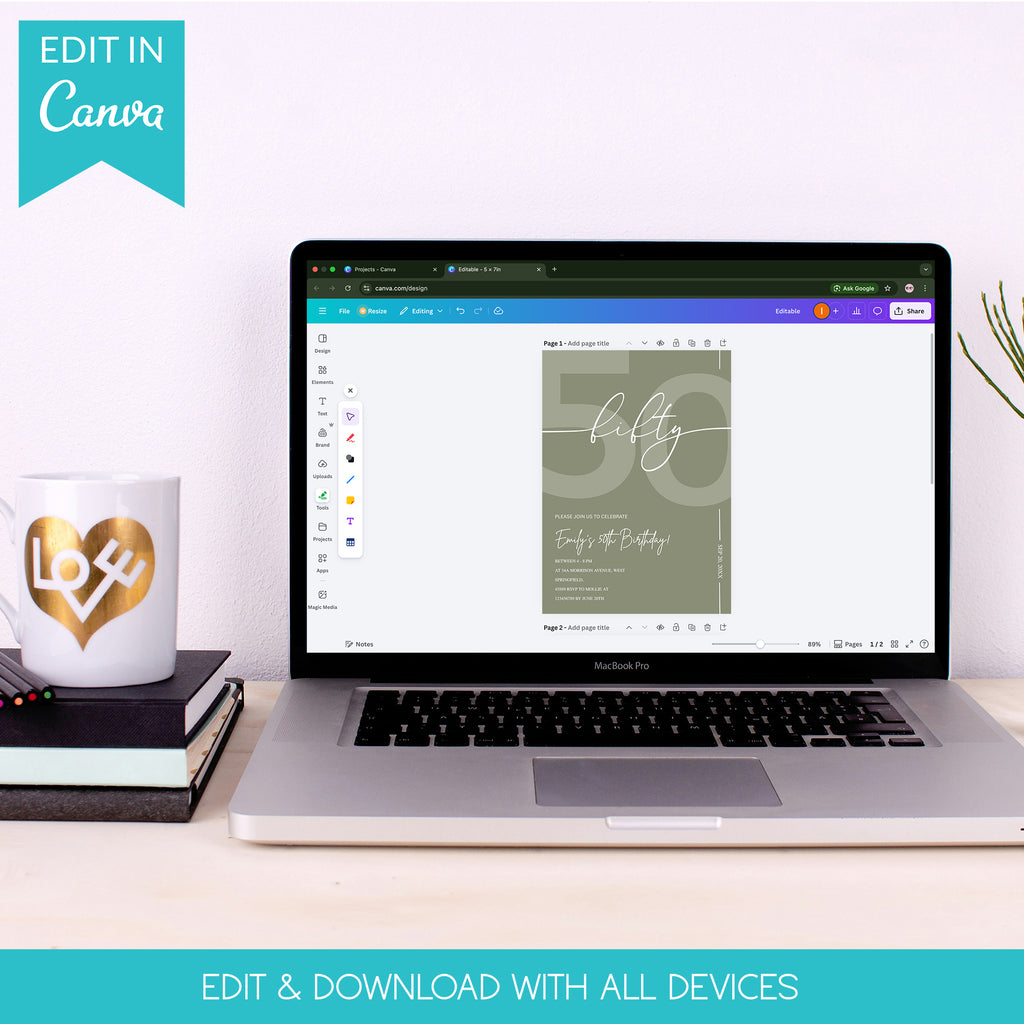 Elegant Sage Green 50th Birthday Invitation Template | Minimalist Fifty Milestone Party Invite | Editable & Instant Download