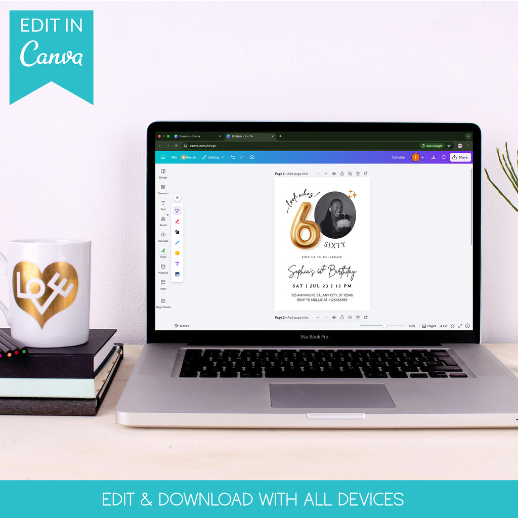 Modern Minimalist 60th Birthday Gold Balloon Photo Invitation Template | Elegant Milestone Party Invite | Editable & Instant Download