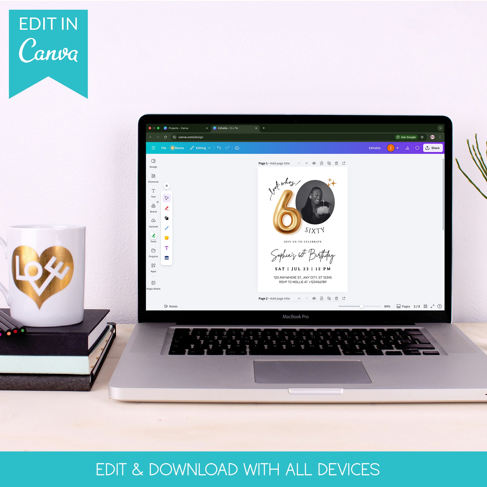 Modern Minimalist 60th Birthday Gold Balloon Photo Invitation Template | Elegant Milestone Party Invite | Editable & Instant Download