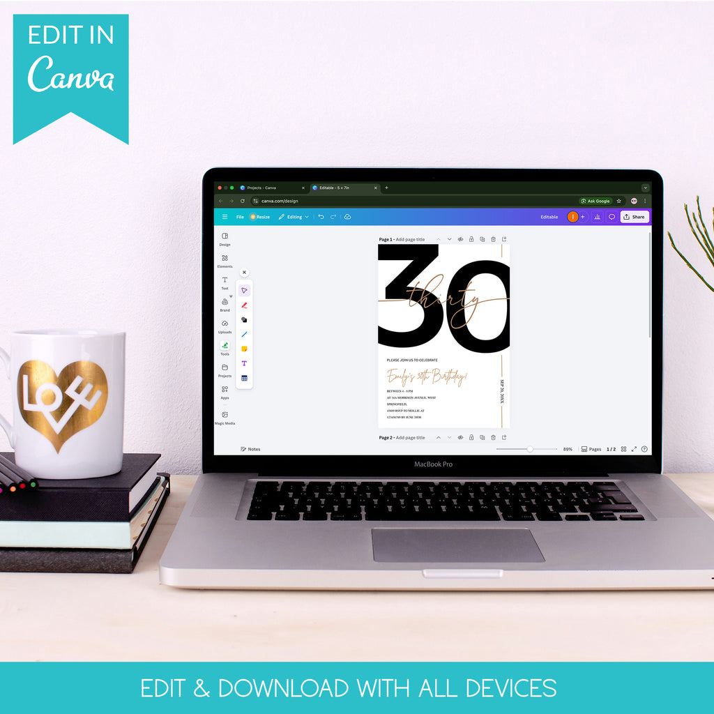 Modern Minimalist White & Gold 30th Birthday Party Invitation – Editable Canva Template