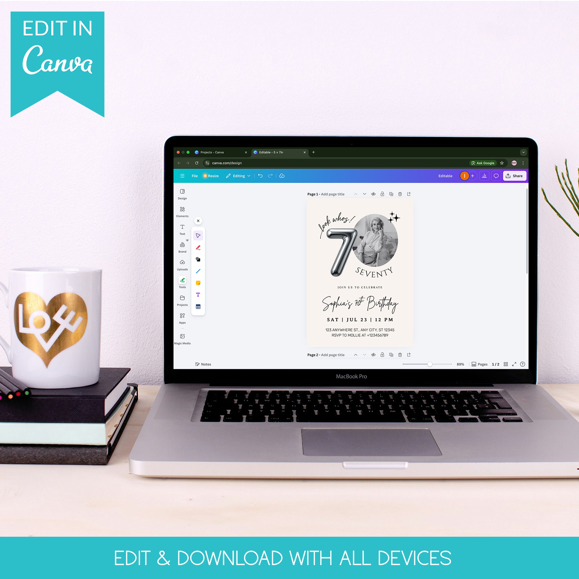 Editable 70th Birthday Photo Invitation Canva Template Silver Balloon Minimalist Party Invite Instant Download
