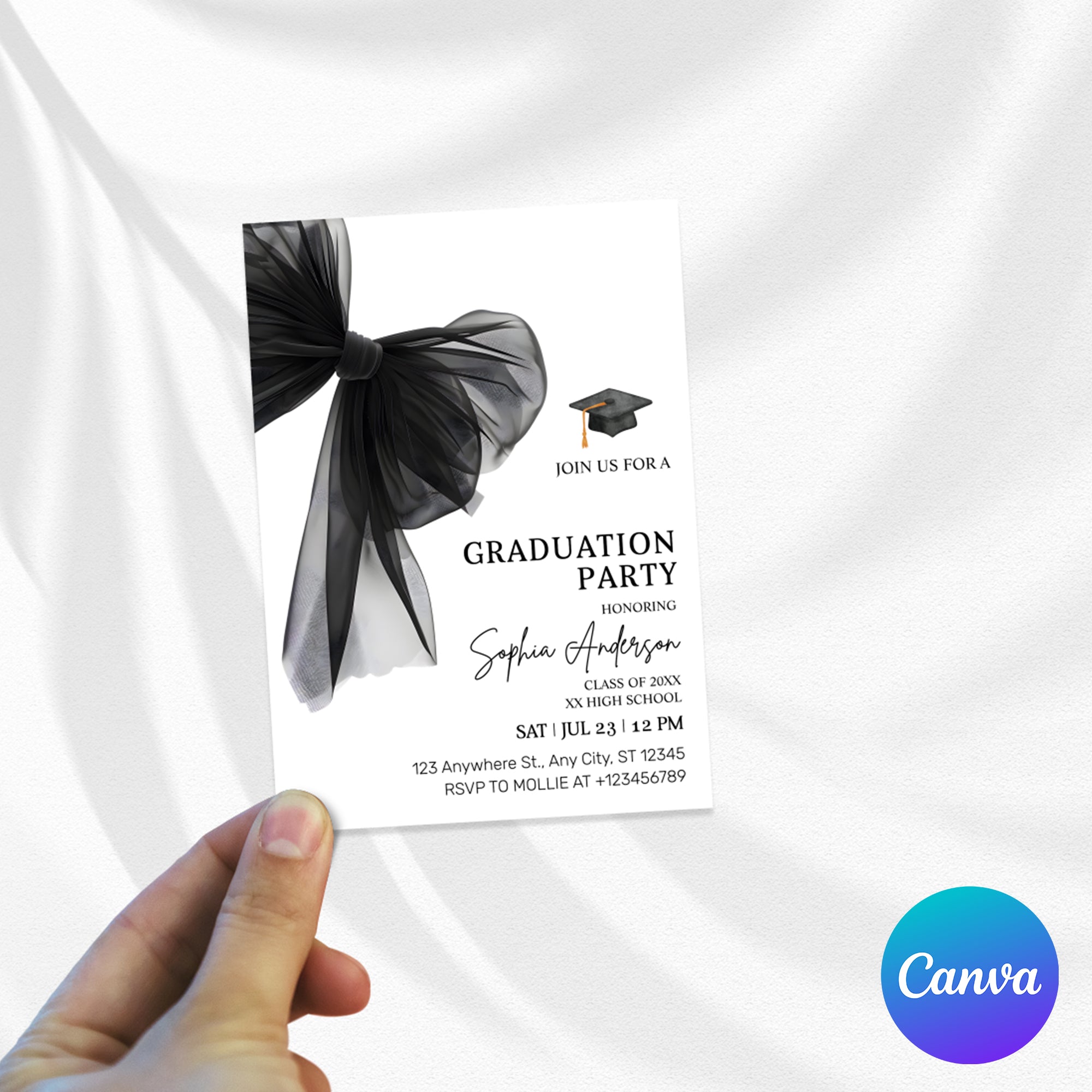 Elegant Black Bow Graduation Party Invitation – Editable Canva Template