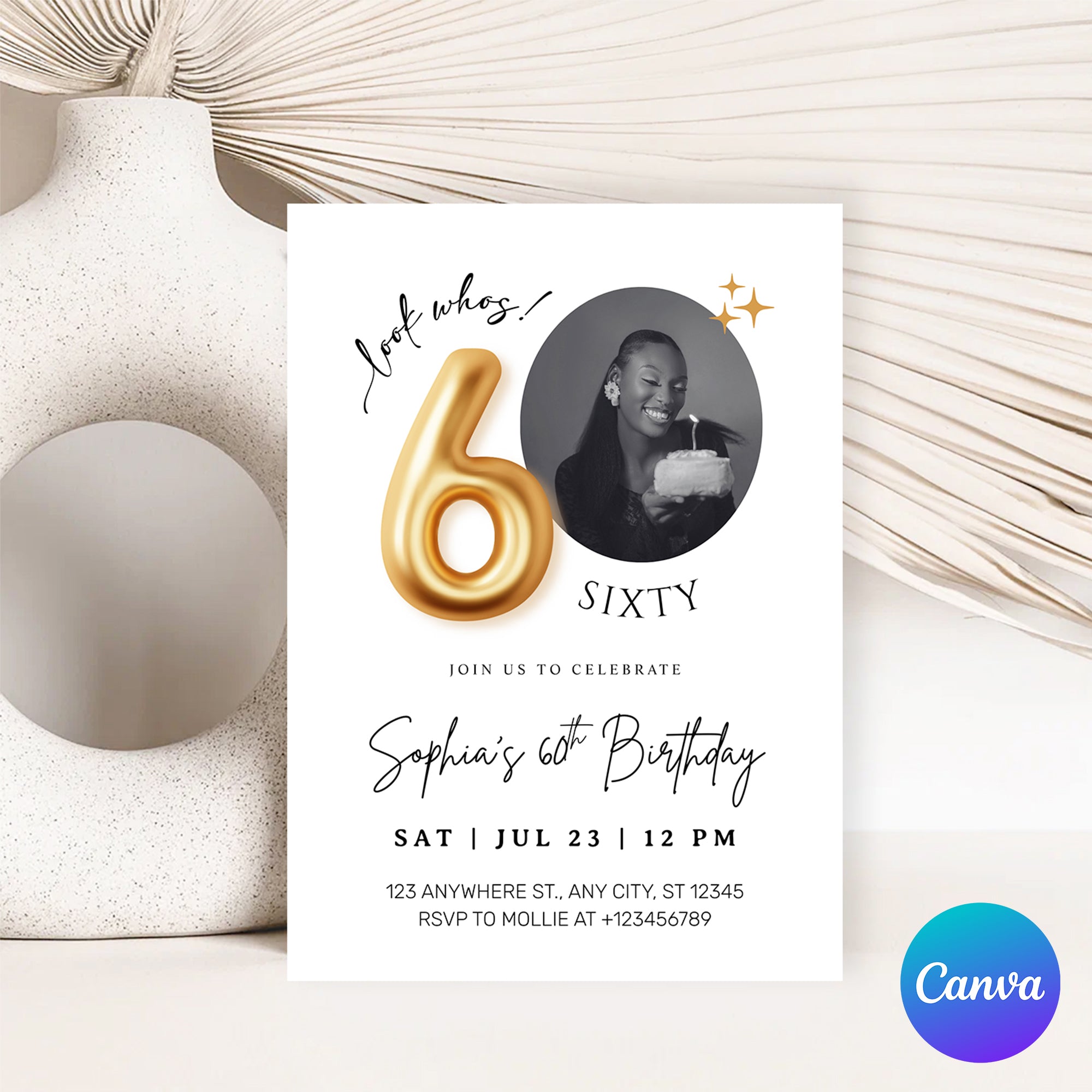 Modern Minimalist 60th Birthday Gold Balloon Photo Invitation Template | Elegant Milestone Party Invite | Editable & Instant Download