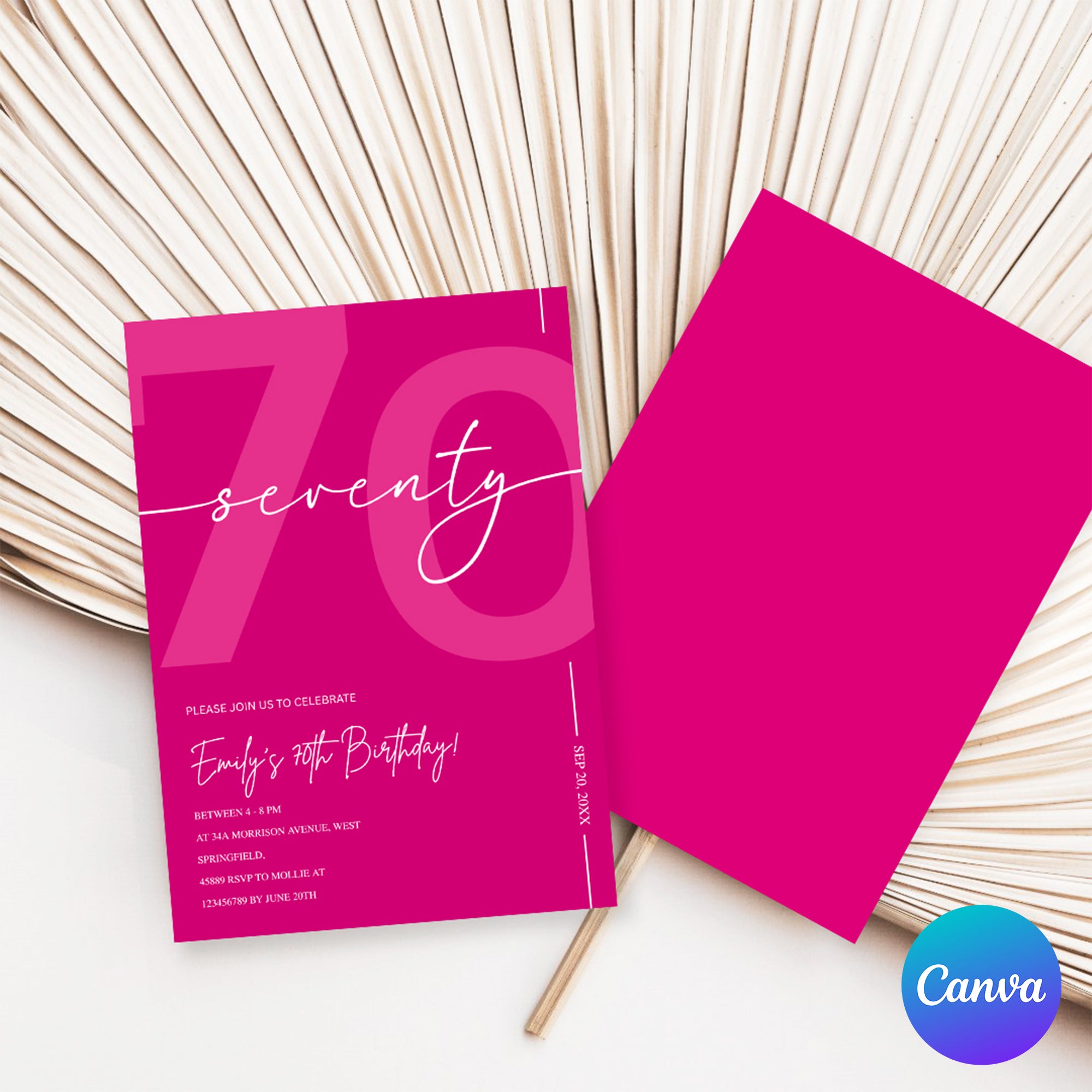 Modern Pink 70th Birthday Invitation | Minimalist Editable Canva Template
