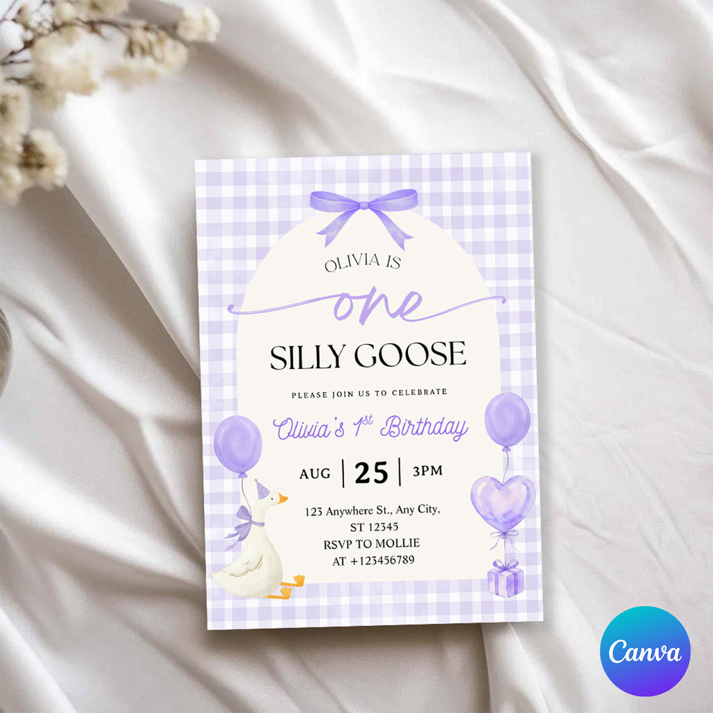 Editable One Silly Goose 1st Birthday Invitation | Purple Bow Gingham Canva Template – Instant Download