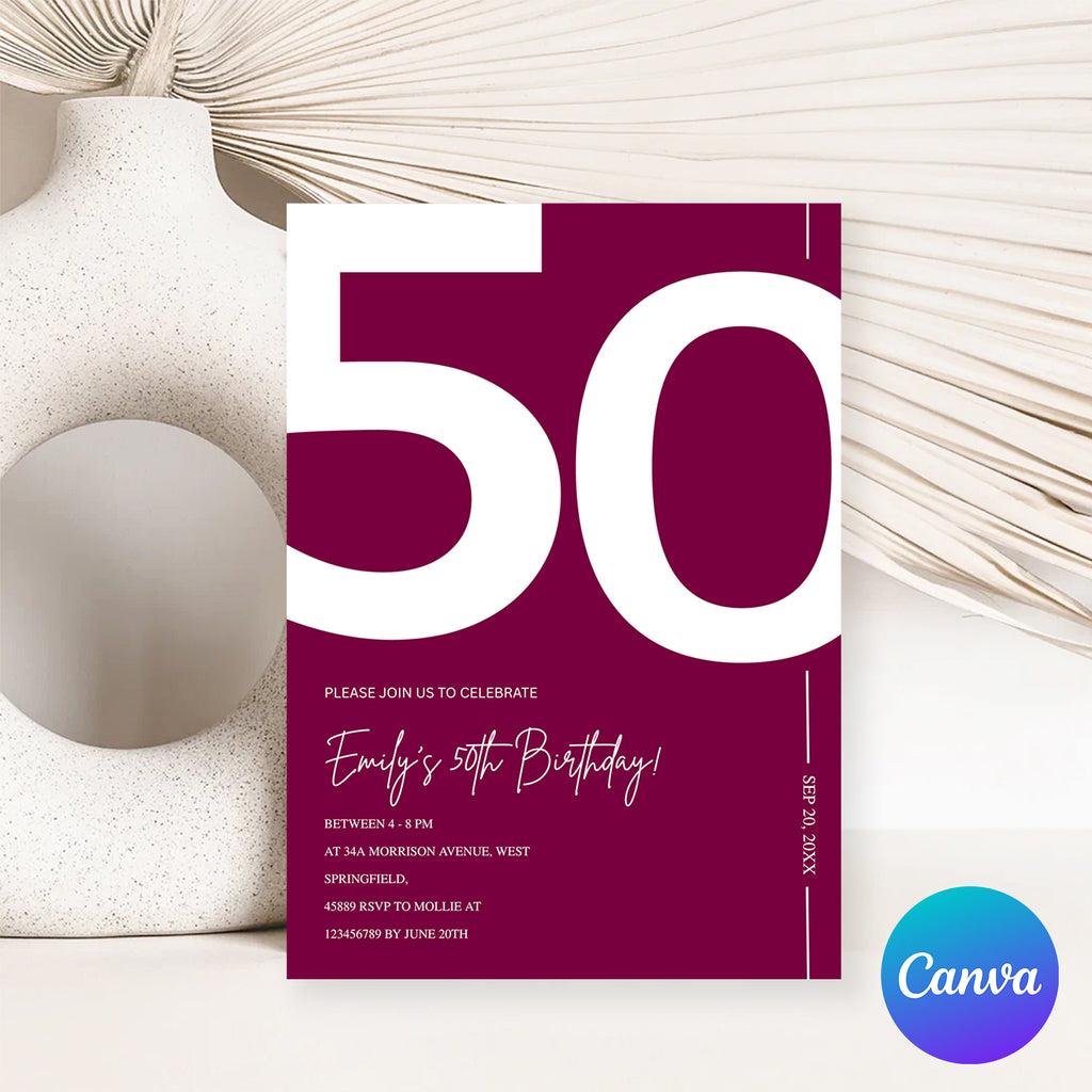 Elegant Burgundy 50th Birthday Invitation Template | Chic Fifty Milestone Party Invite | Editable & Instant Download