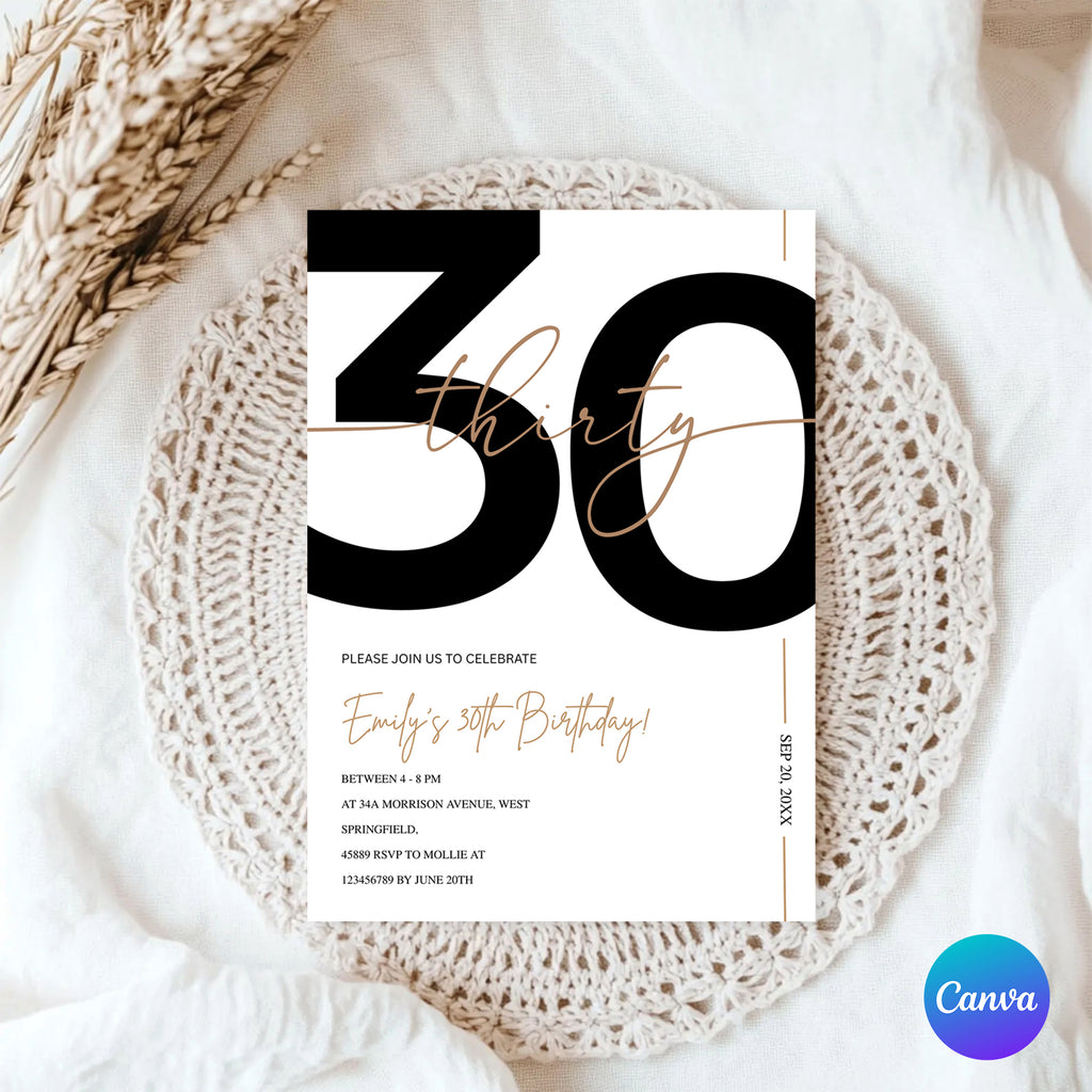 Modern Minimalist White & Gold 30th Birthday Party Invitation – Editable Canva Template