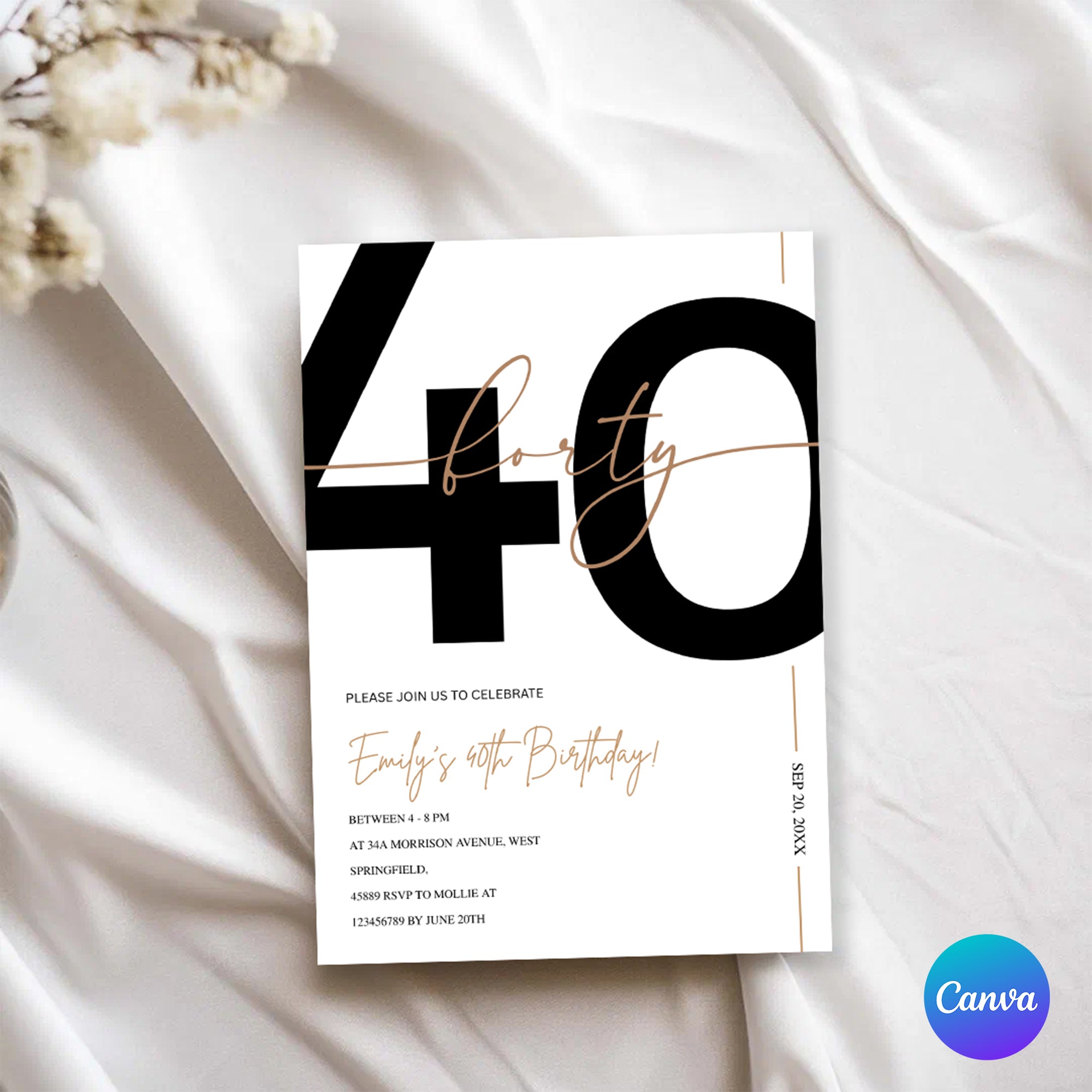Modern Minimalist White & Gold 40th Birthday Party Invitation – Editable Canva Template