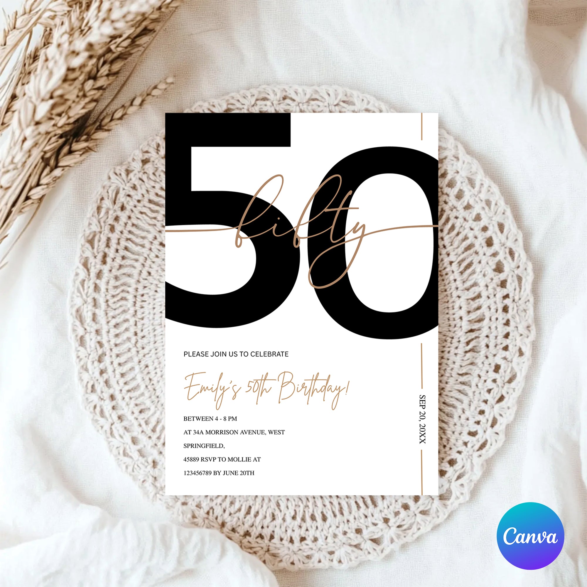 Modern Minimalist White & Gold 50th Birthday Party Invitation – Editable Canva Template